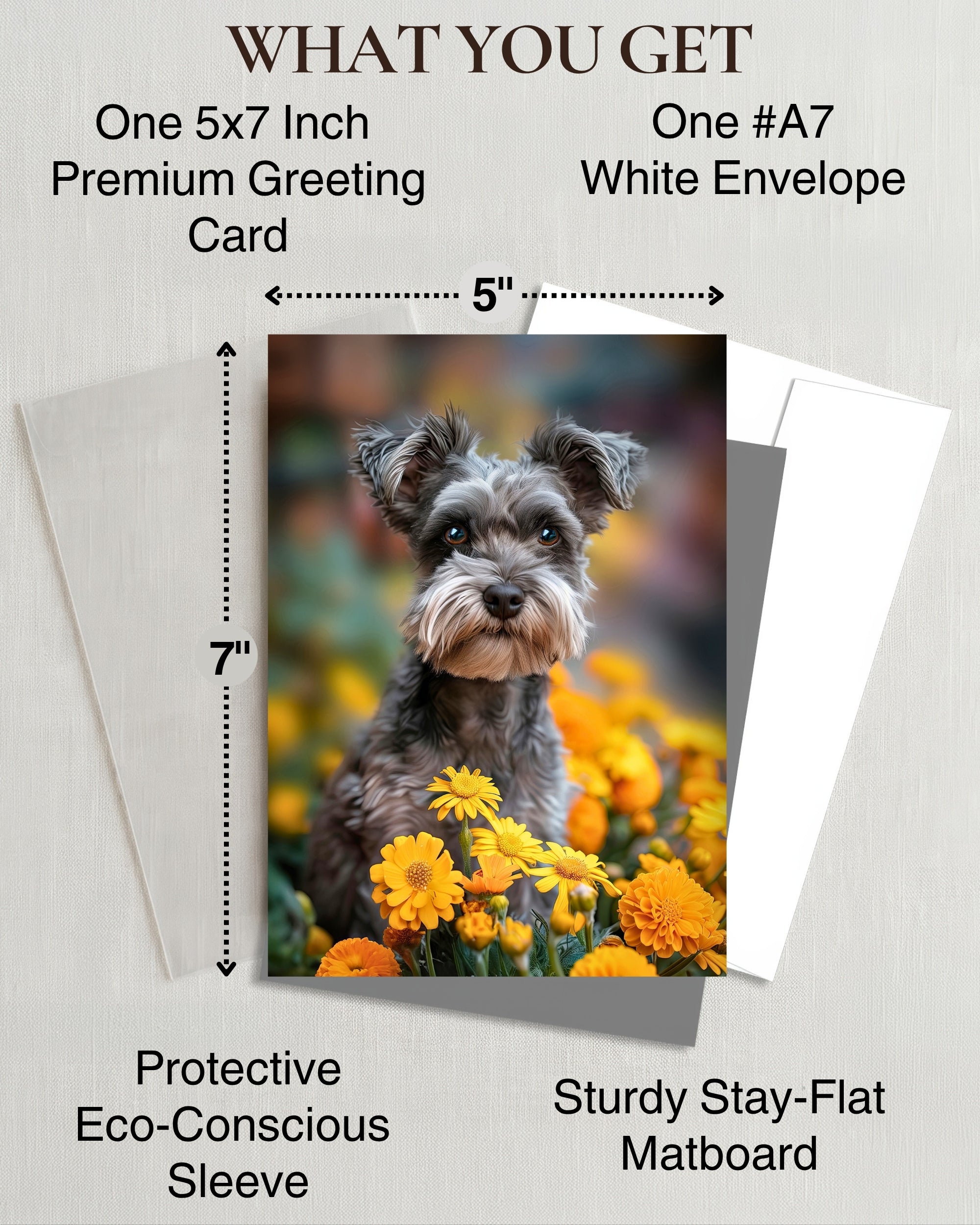 Schnauzer with Yellow Flowers All Occasions Greeting Card from Unique Dogs Party Delights Collection Large 5x7 Inch Blank Inside with Envelope