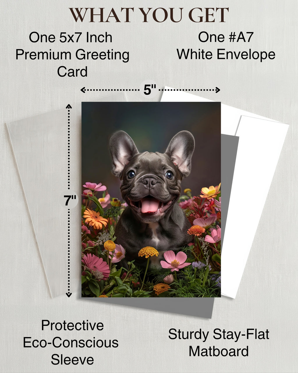 French Bulldog Puppy with Flowers All Occasions Greeting Card - Dog with Flowers from Unique Dogs Party Delights Collection - Large 5x7 Inch - Blank Inside with Invitation Style White Envelope