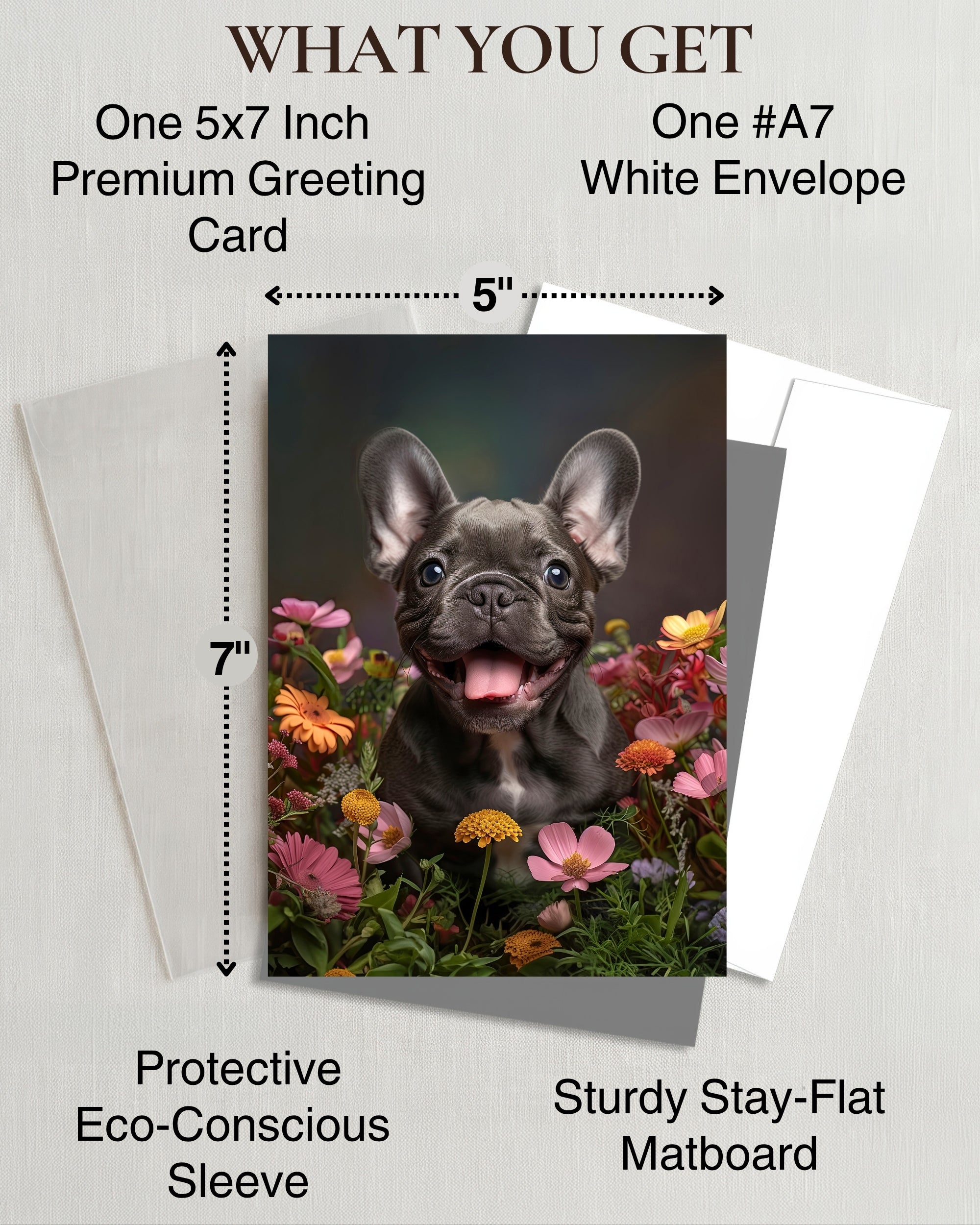 French Bulldog Puppy with Flowers All Occasions Greeting Card - Dog with Flowers from Unique Dogs Party Delights Collection - Large 5x7 Inch - Blank Inside with Invitation Style White Envelope
