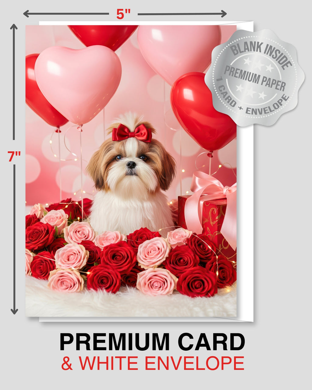 Shih Tzu Greeting Card with Roses – Romantic Dog Love Card for Anniversary Valentine's Day Birthday Sweet Sixteen – Premium 5x7 Blank Card for Pet Lovers, Celebrate Collection, Made in USA