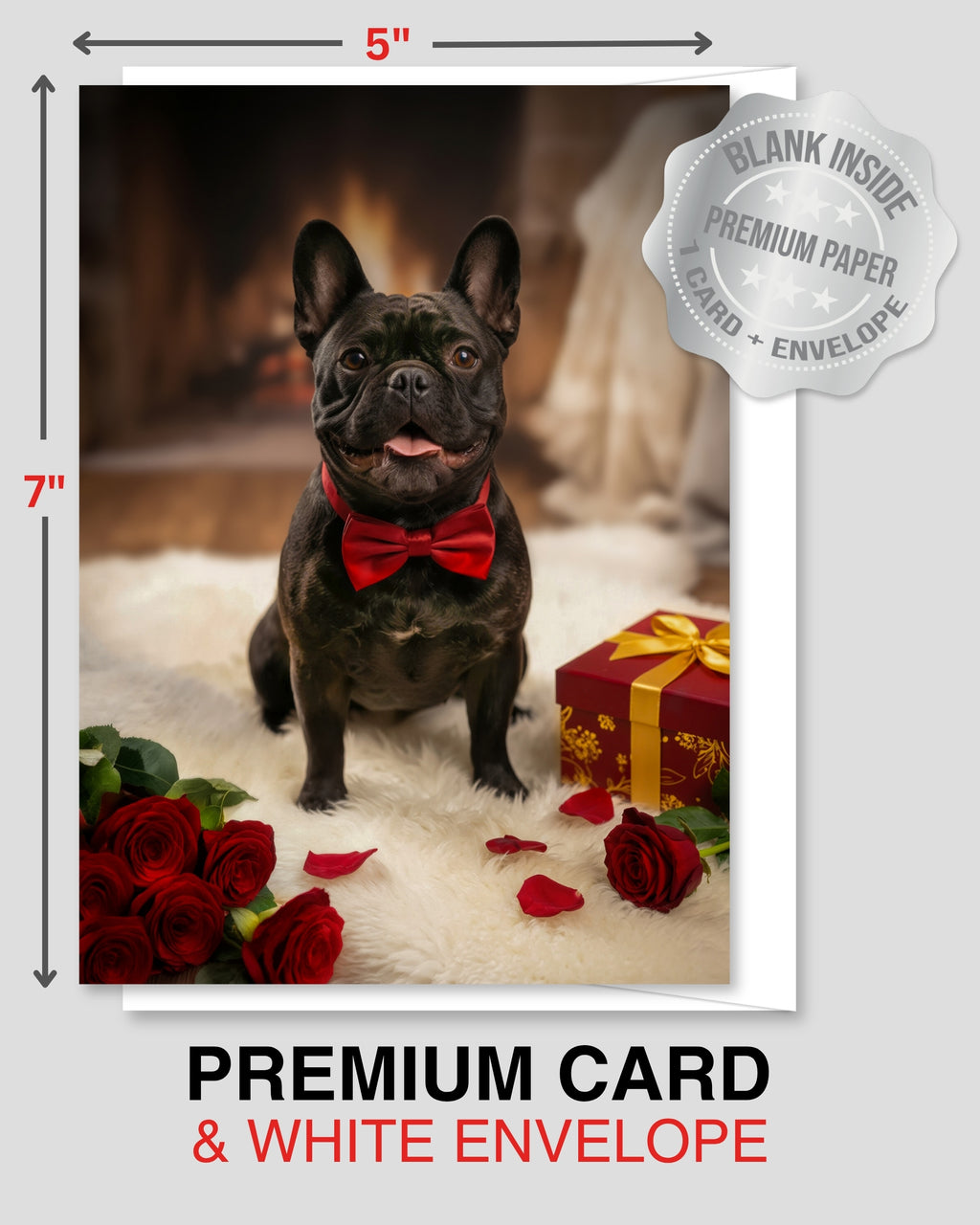 Black French Bulldog Valentine’s Day Card – Romantic Dog Love Greeting Card with Roses, Anniversary, Birthday, Sweet Sixteen Card, Blank Inside, Premium 5x7, Celebrate Collection, Made in USA