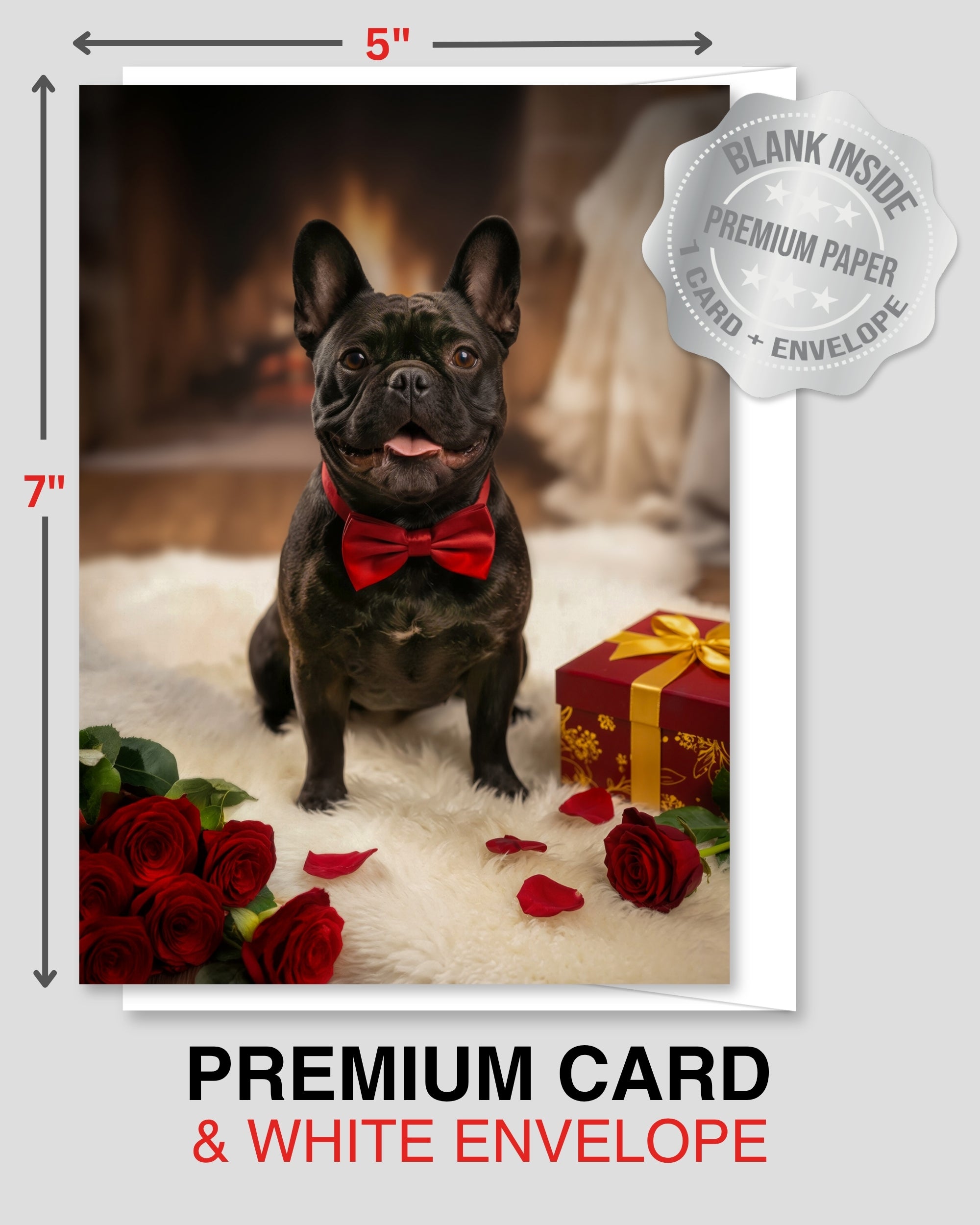 Black French Bulldog Valentine’s Day Card – Romantic Dog Love Greeting Card with Roses, Anniversary, Birthday, Sweet Sixteen Card, Blank Inside, Premium 5x7, Celebrate Collection, Made in USA