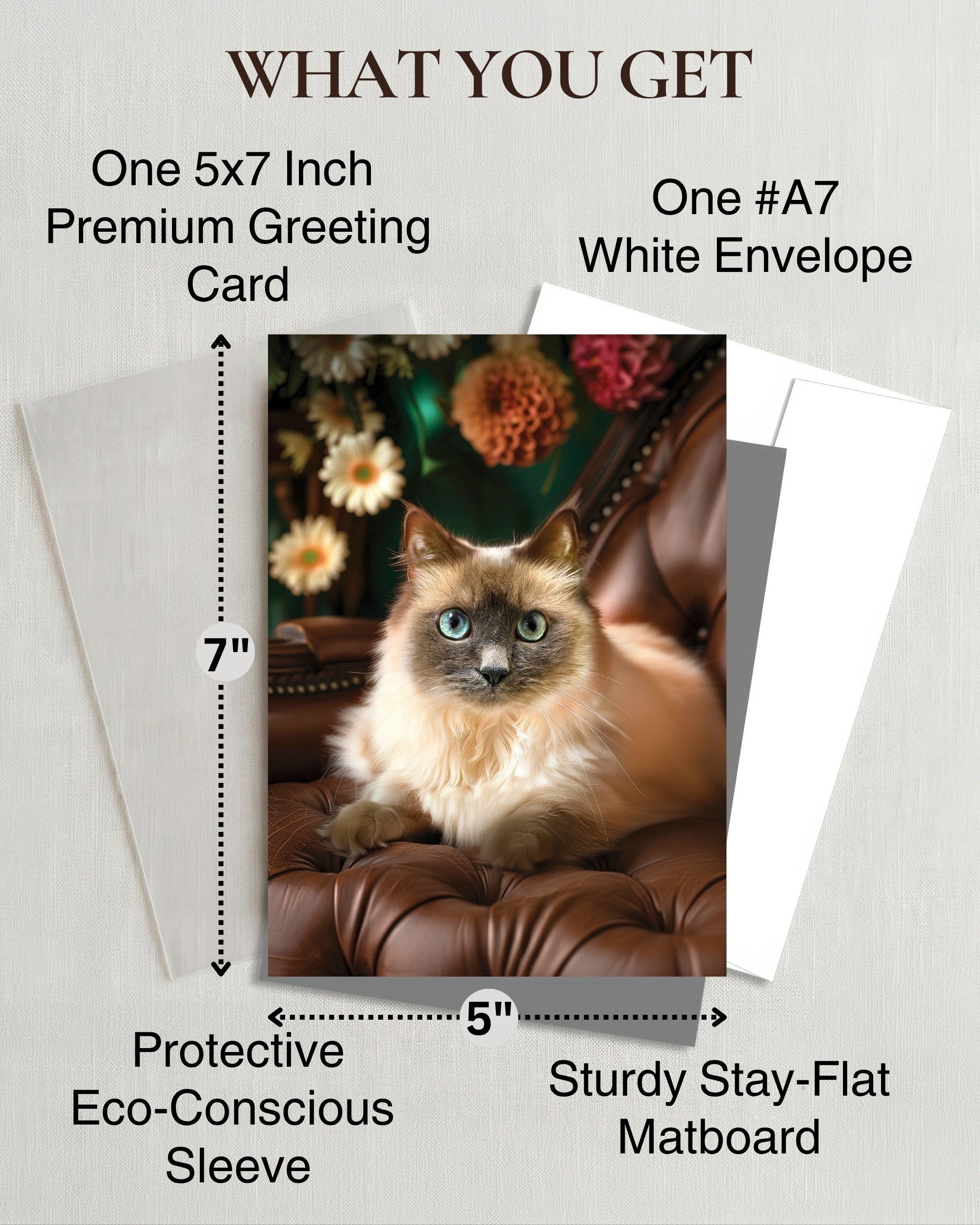 Monya The Cat Any Occasion Greeting Card - 5x7 Inch from Cats with Flowers Collection, Premium Cardstock, Blank Inside, White Envelope, Great Gift for Cat Lovers