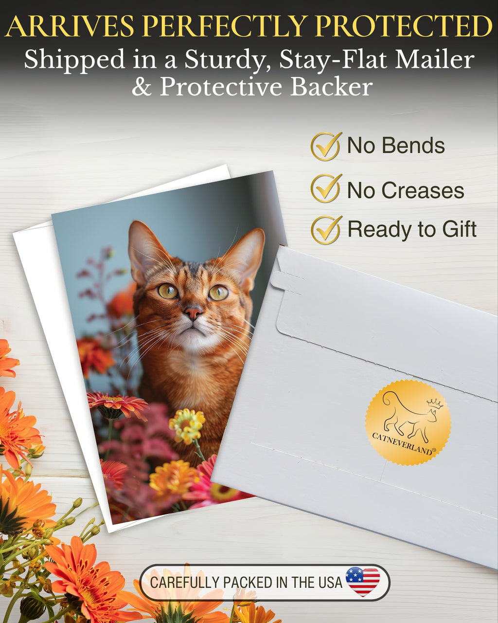 Abyssinian Cat Greeting Card 5x7 Inch, Any Occasion from Cats with Flowers Collection Premium Cardstock Blank Inside White Envelope Included Great Gift for Cat Lovers