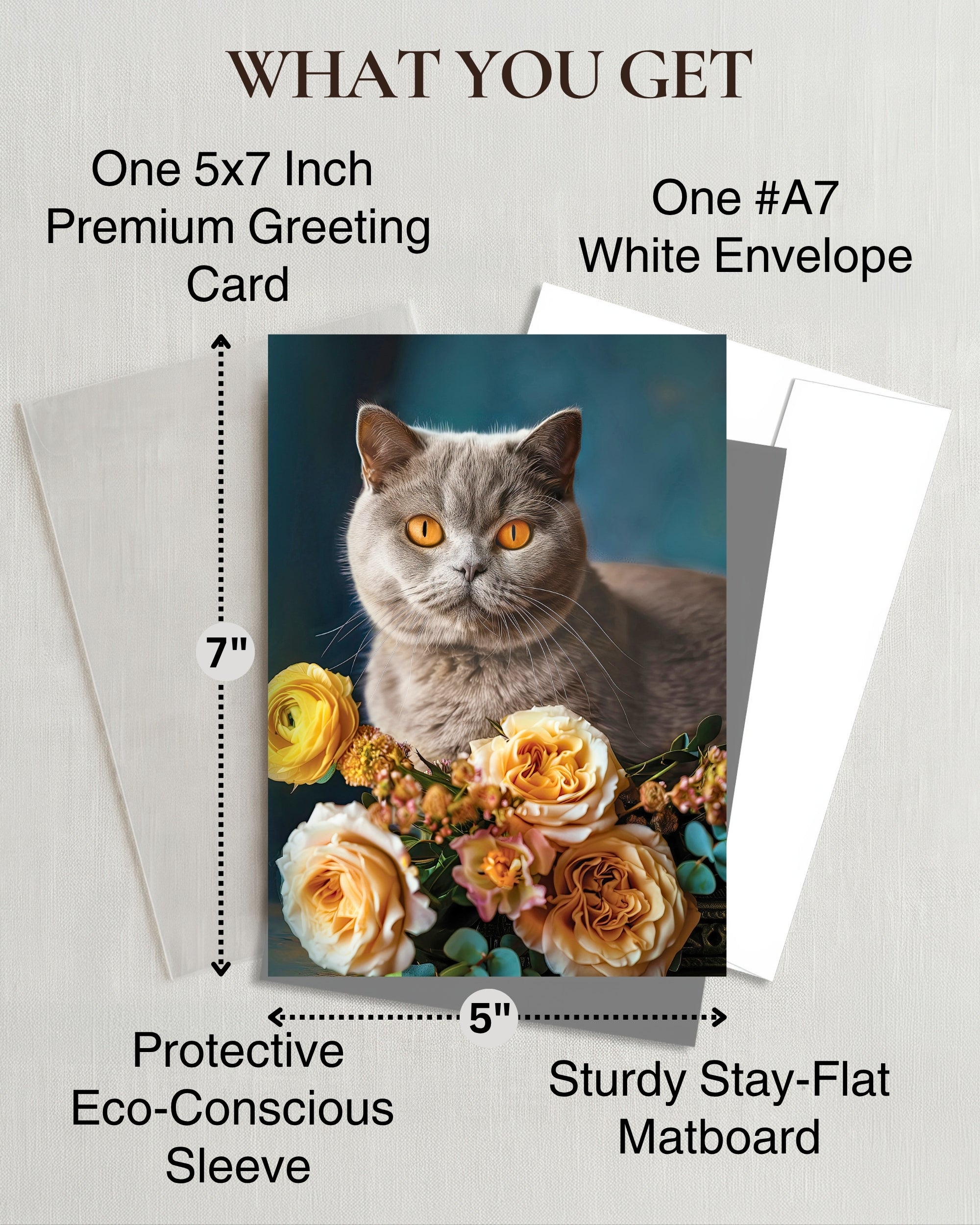 British Shorthair Cat Greeting Card 5x7 Inch Any Occasion Cats with Flowers Collection Premium Cardstock Blank Inside White Envelope Included Great Gift for Cat Lovers