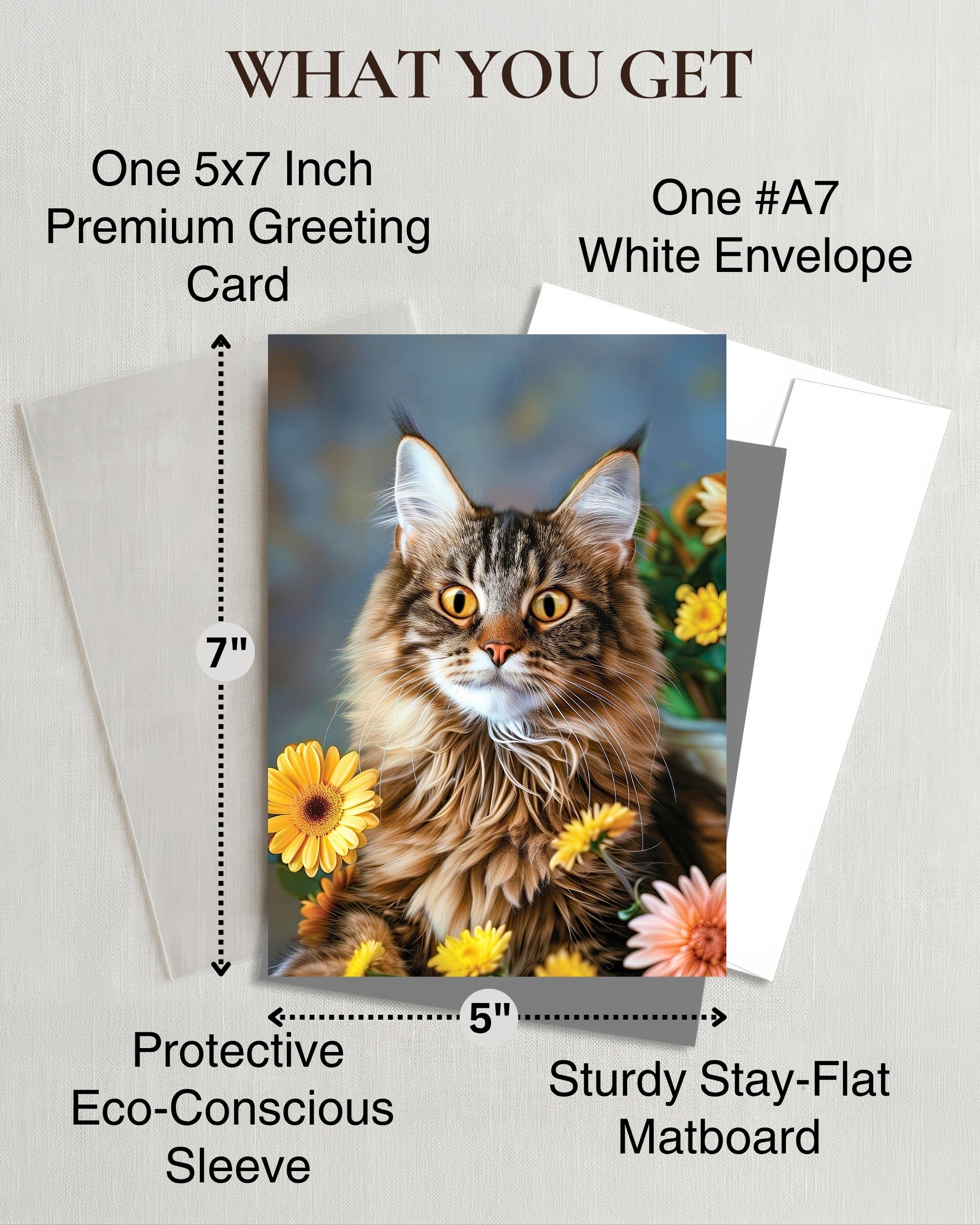 Maine Coon Cat Greeting Card 5x7 Inch Any Occasion from Cats with Flowers Collection Premium Cardstock Blank Inside White Envelope Great Gift for Cat Lovers