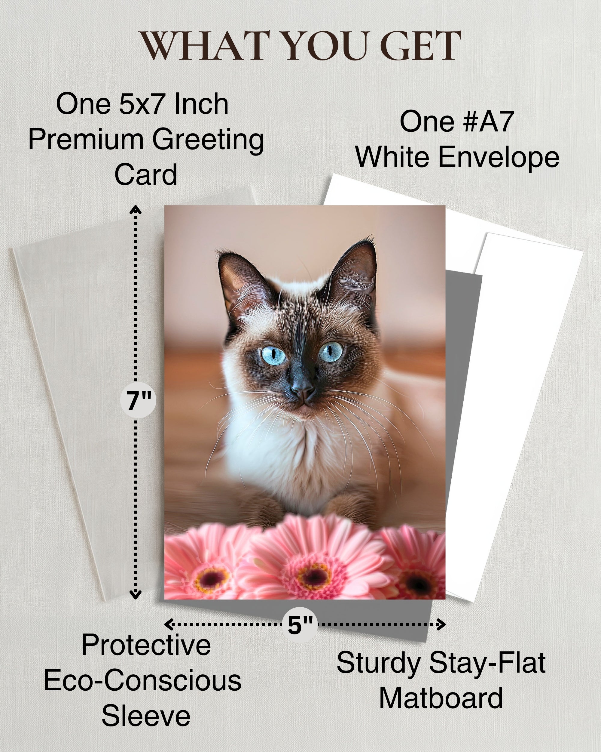 Siamese Cat Greeting Card 5x7 Inch Any Occasion from Cats with Flowers Collection Premium Cardstock Blank Inside White Envelope Great Gift for Cat Lovers