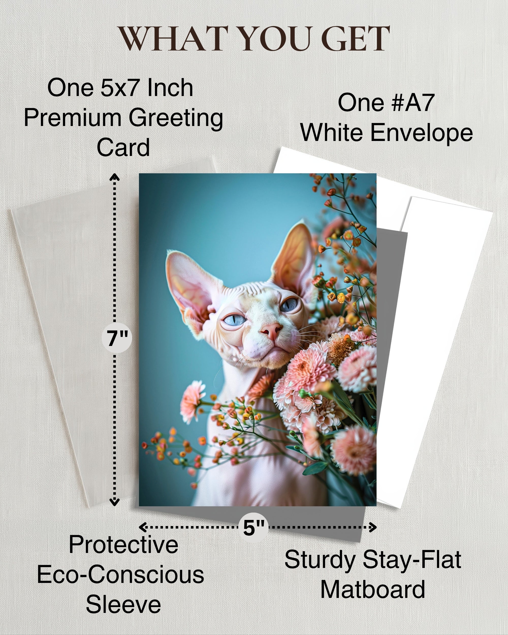 Sphynx Cat Greeting Card - 5x7 Inch Any Occasion from Cats with Flowers Collection Premium Cardstock Blank Inside White Envelope Great Gift for Cat Lovers
