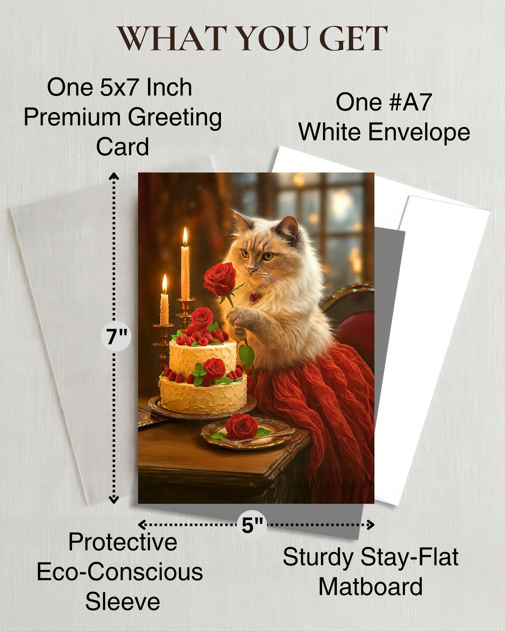 Ragdoll Cat with Cake and Red Rose Greeting Card – Blank Inside – Valentine’s Day, Birthday, Anniversary, or Thinking of You Card – Red Rose Collection by CatNeverland – 5x7 in, White Envelope, Made in USA