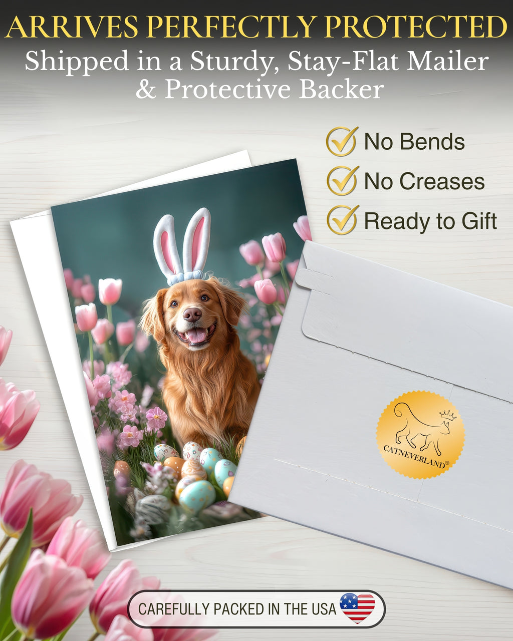 Golden Retriever Easter Greeting Card – Dog with Bunny Ears Surrounded by Easter Eggs and Spring Flowers Premium 5x7” Card with White Envelope Blank Inside Made in USA