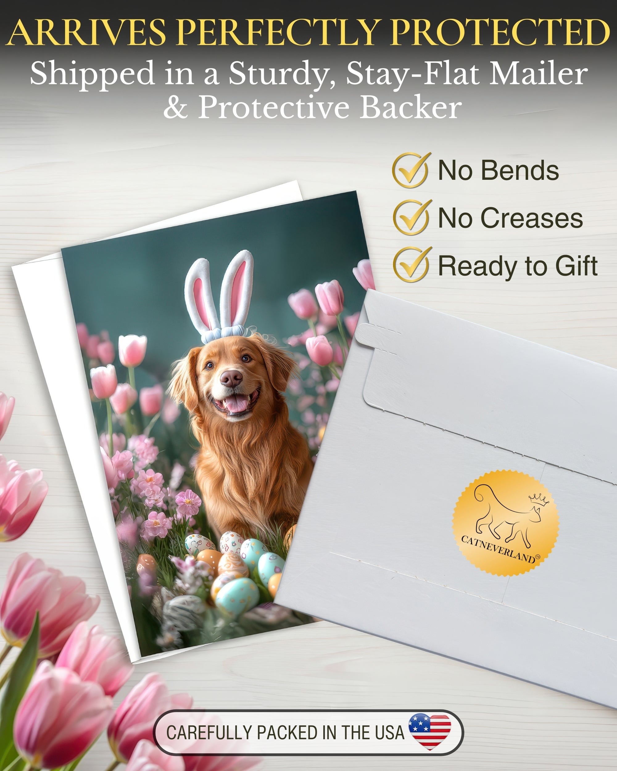 Golden Retriever Easter Greeting Card – Dog with Bunny Ears Surrounded by Easter Eggs and Spring Flowers Premium 5x7” Card with White Envelope Blank Inside Made in USA