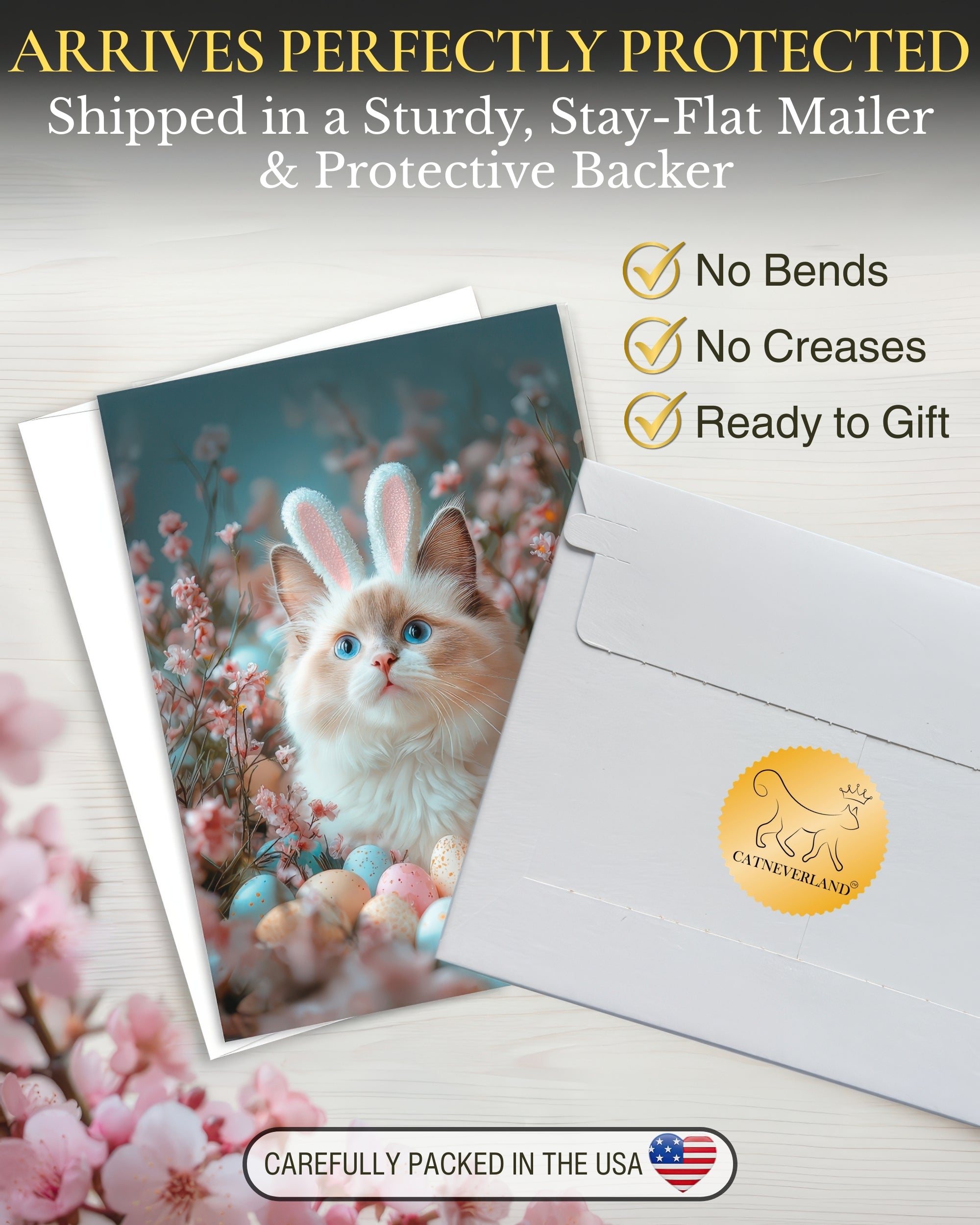Ragdoll Cat Easter Greeting Card – Cute Cat with Bunny Ears Surrounded by Easter Eggs and Spring Flowers Premium 5x7” Card with White Envelope Blank Inside Made in USA
