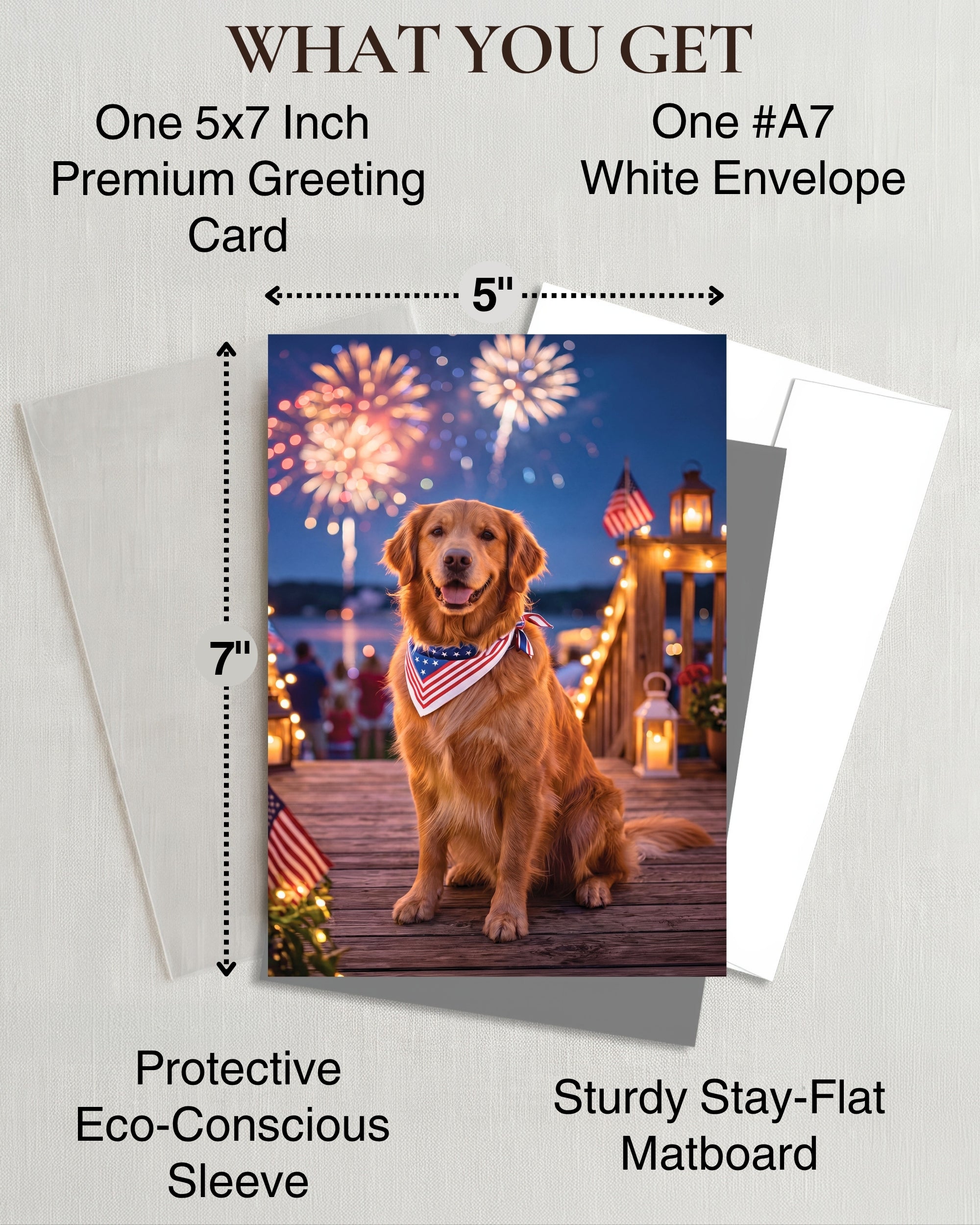 Golden Retriever 4th of July Greeting Card – Patriotic Dog Card with Fireworks – Premium 5x7 Independence Day Card with White Envelope – Blank Inside – Made in USA