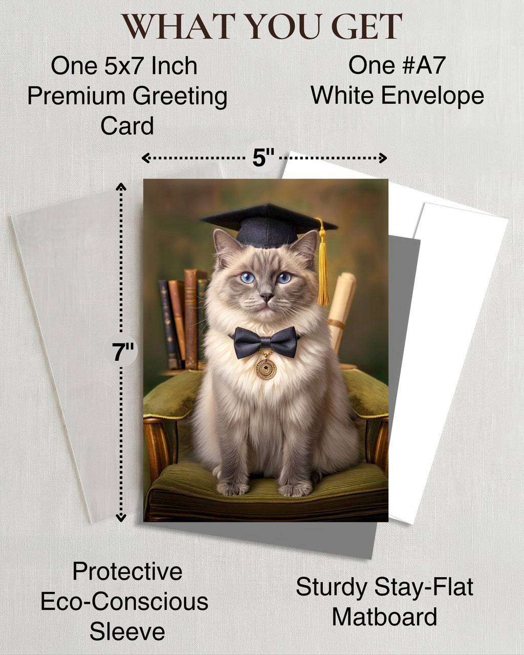 Ragdoll Cat Graduation Greeting Card 5x7” – Cute Cat in Cap & Bow Tie Congrats Card for Graduate – High School College Graduation Card with Envelope Blank Inside Made in USA