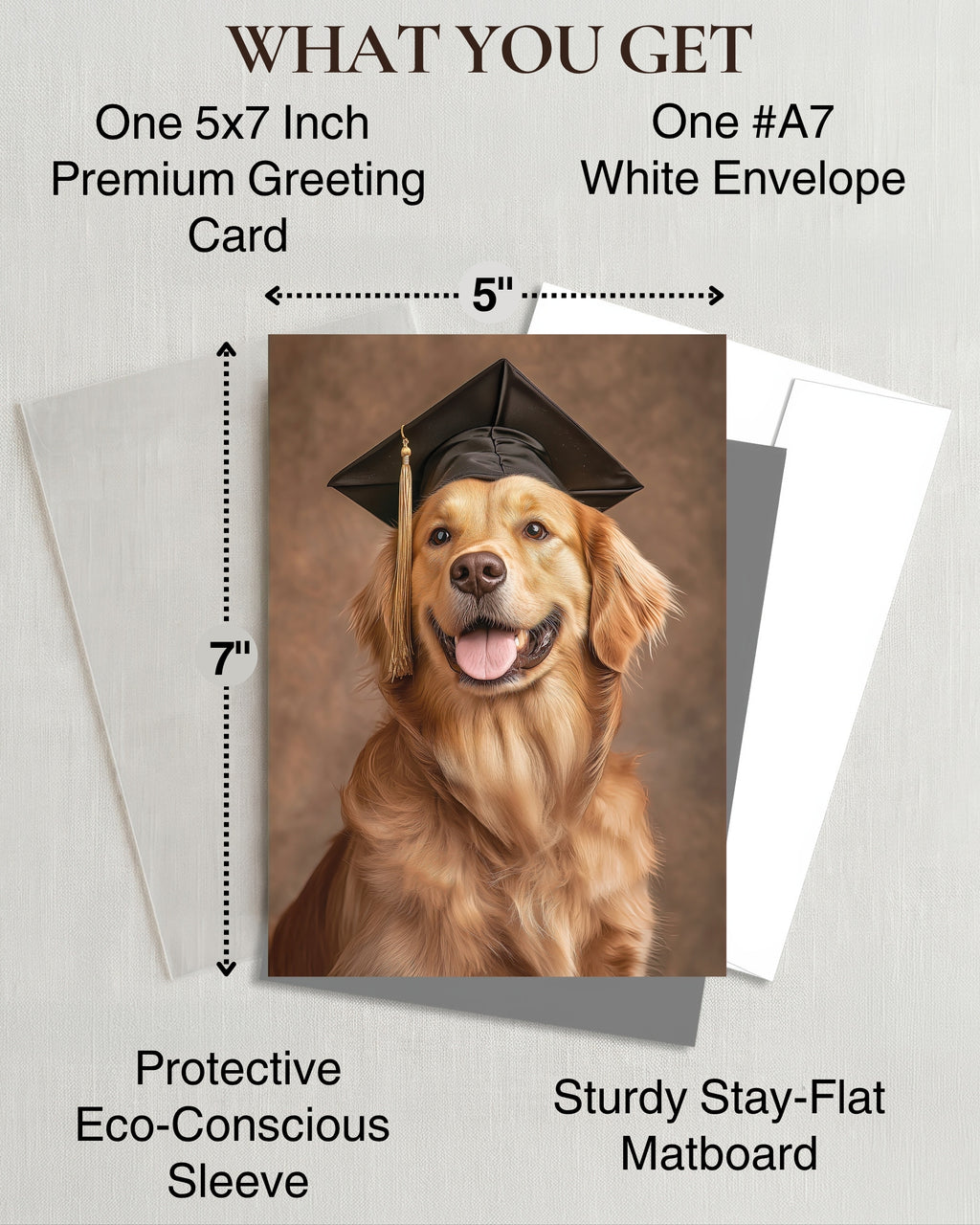 Golden Retriever Graduation Card – 5x7 Dog Greeting Card with White Envelope – Blank Inside – Pet Lover Gift – Made in USA – Frameable Keepsake