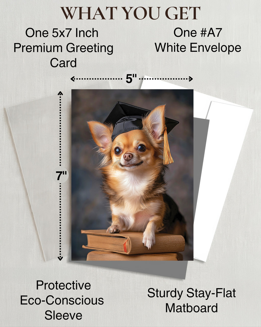 Chihuahua Graduation Card – 5x7 Dog Greeting Card with White Envelope – Blank Inside – Funny Pet Lover Gift – Made in USA – Frameable Keepsake