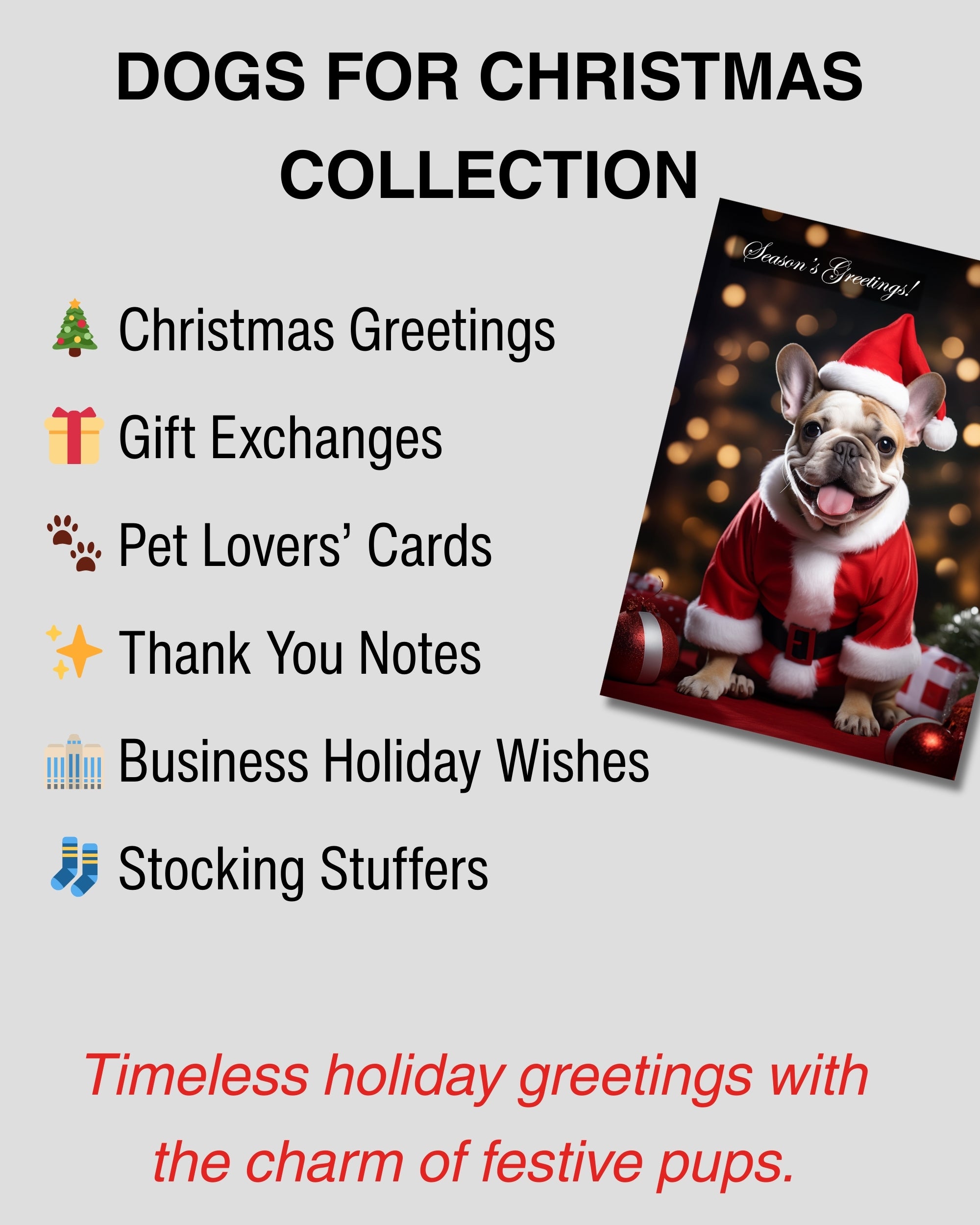 Festive French Bulldog Seasons Greetings Holiday Card - Unique Artwork from Dogs for Christmas Collection, Blank Inside, Premium Cardstock, Red Envelope, Made by Pet-Friendly Small Business in USA