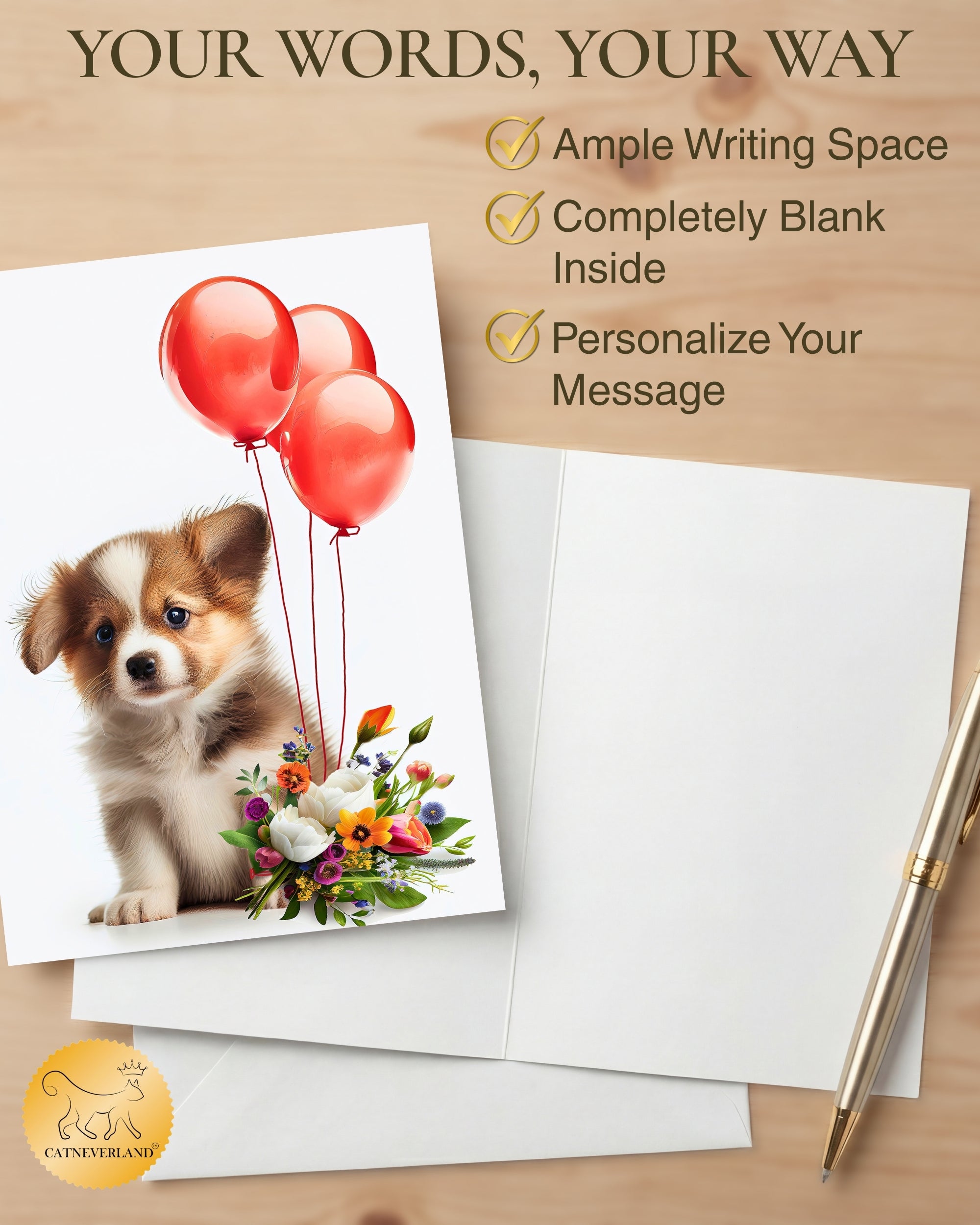 Puppy with Red Balloons and Flowers All Occasions Greeting Card from Unique Dogs Party Delights Collection Large 5x7 Inch Blank Inside with Envelope