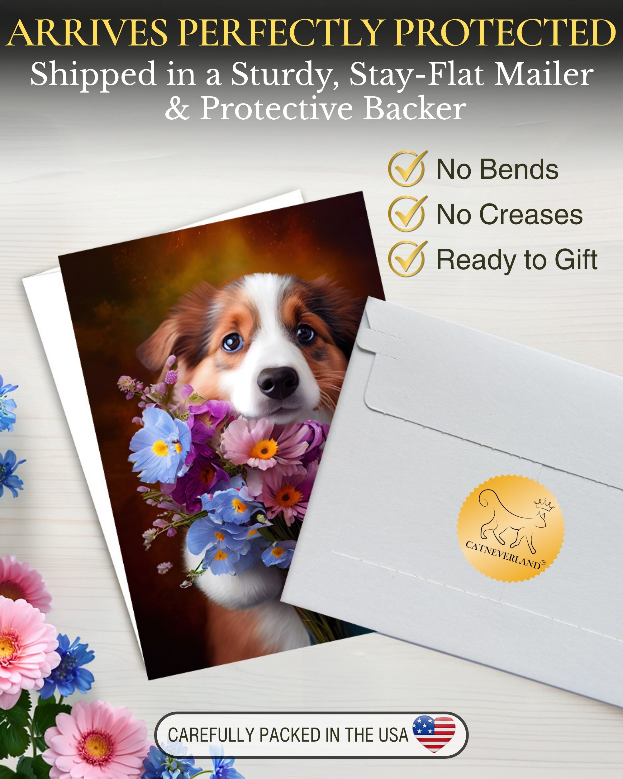 Australian Shepherd with Flowers All Occasions Greeting Card from Unique Dogs Party Delights Collection Large 5x7 Inch Blank Inside with White Envelope