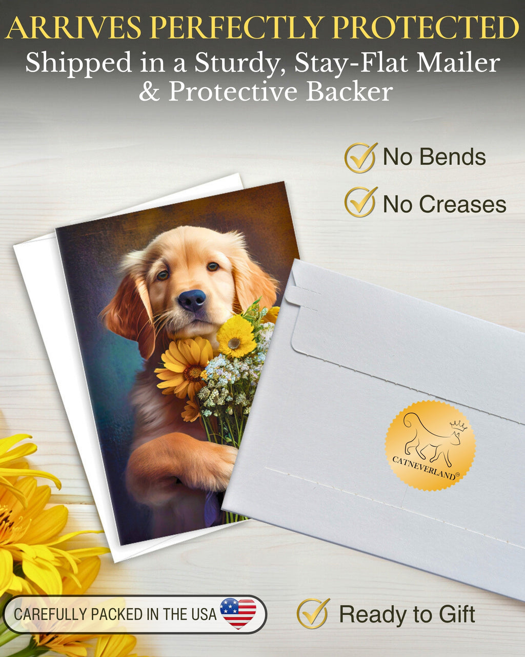 Golden Retriever with Flowers All Occasions Greeting Card - Dog with Flowers from Unique Dogs Party Delights Collection - Large 5x7 Inch - Blank Inside with White Envelope