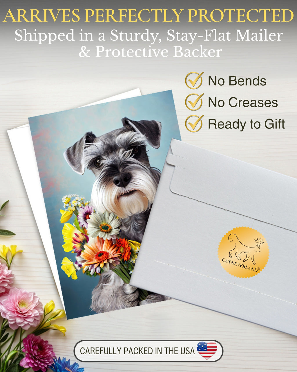 Schnauzer with Flowers All Occasions Greeting Card from Unique Dogs Party Delights Collection Large 5x7 Inch Blank Inside with Envelope