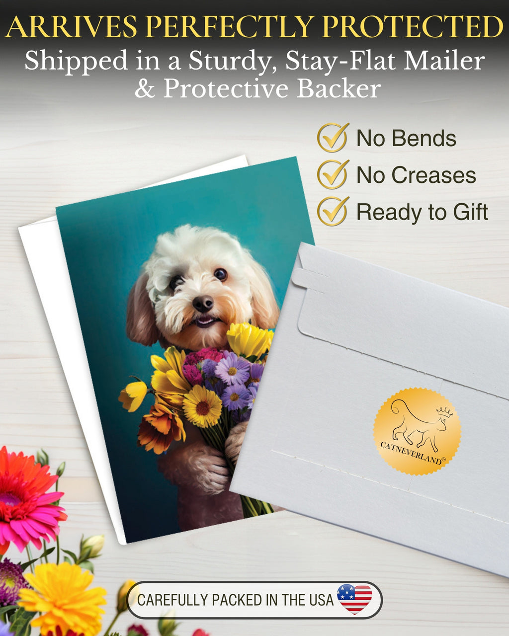 White Poodle with Flowers All Occasions Greeting Card from Unique Dogs Party Delights Collection Large 5x7 Inch Blank Inside with White Envelope