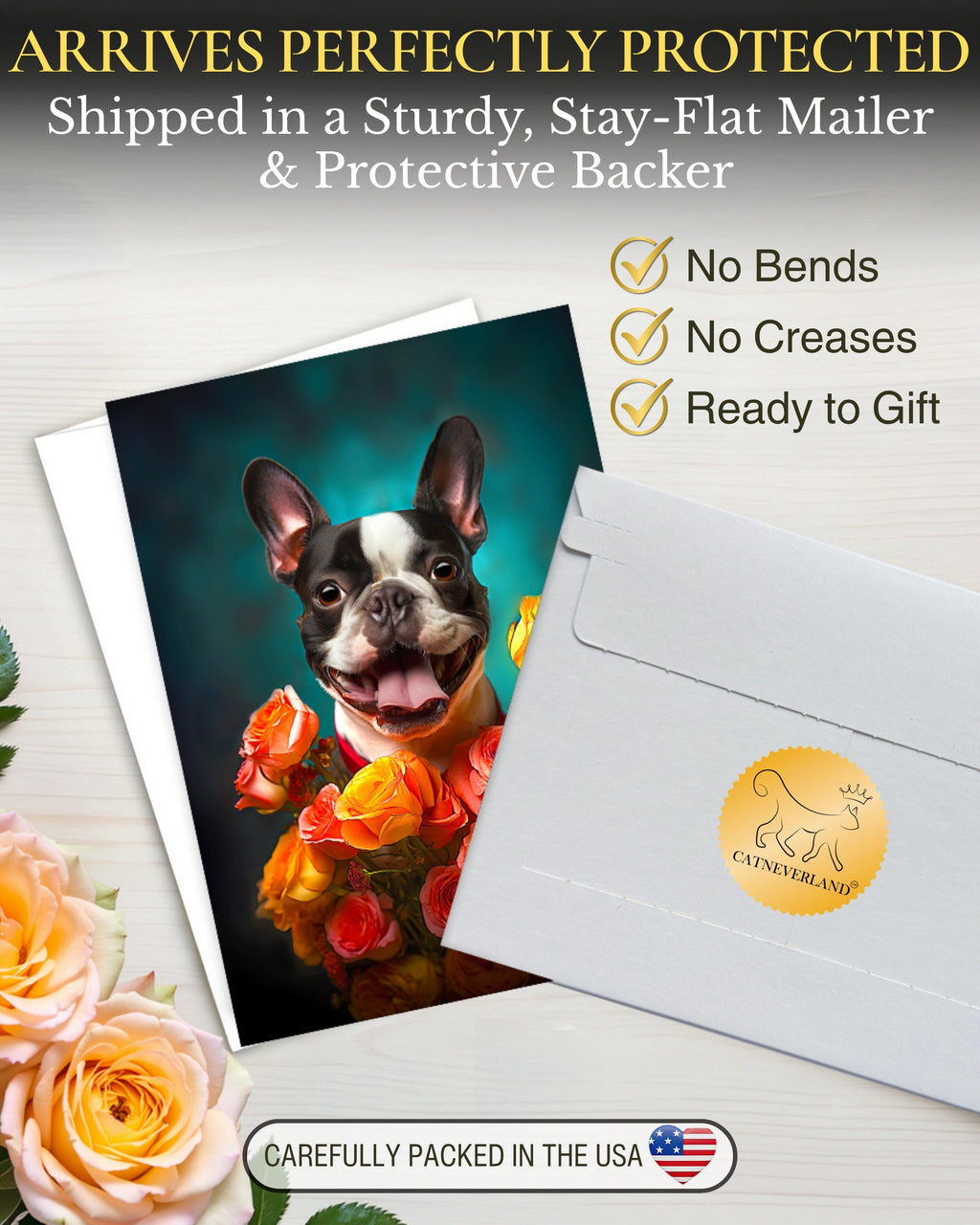 Boston Terrier with Flowers All Occasions Greeting Card from Unique Dog Party Delights Collection Large 5x7 Inch Blank Inside with White Envelope