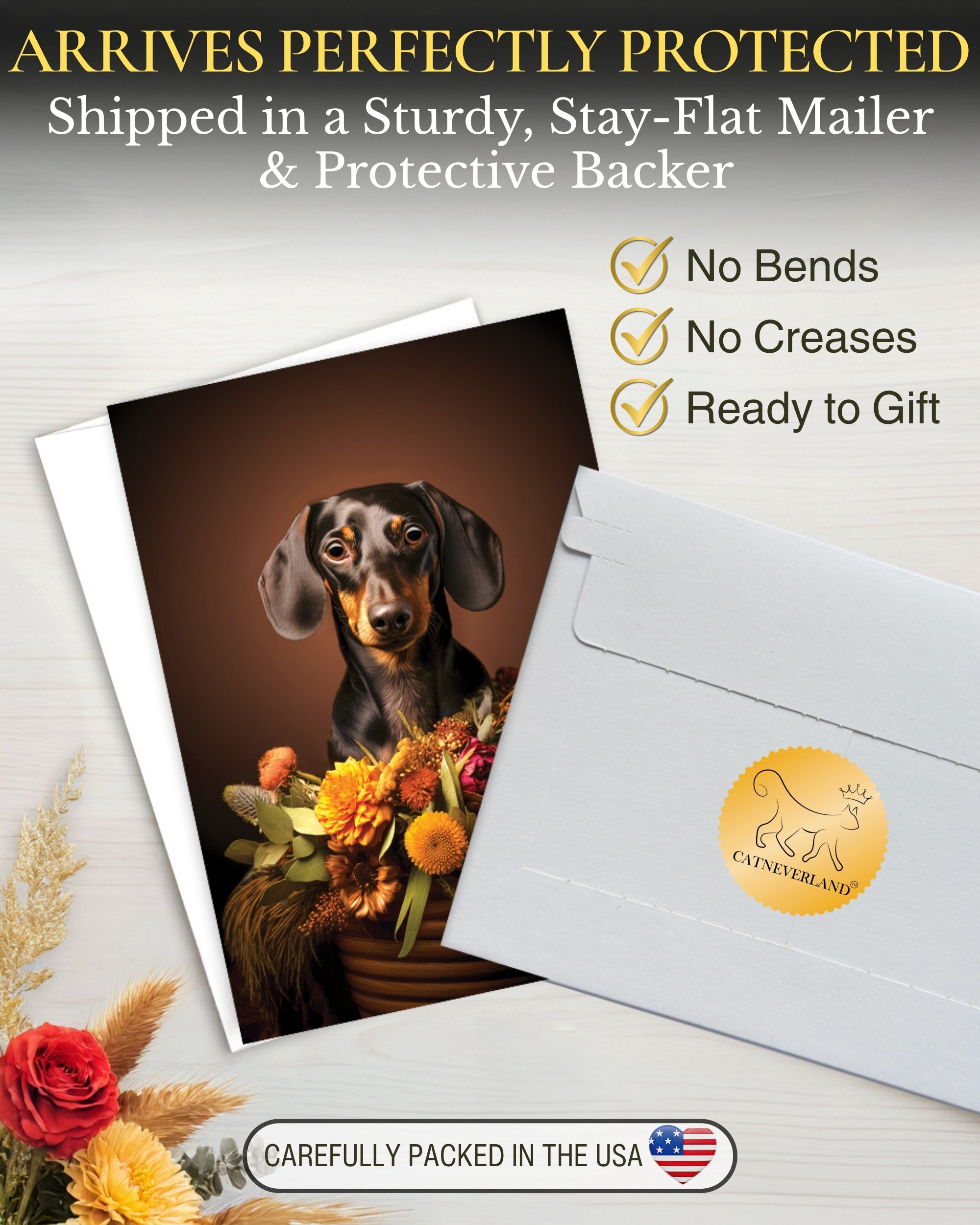 Dachshund with Flowers All Occasions Greeting Card from Unique Dogs Party Delights Collection Large 5x7 Inch Blank Inside with White Envelope
