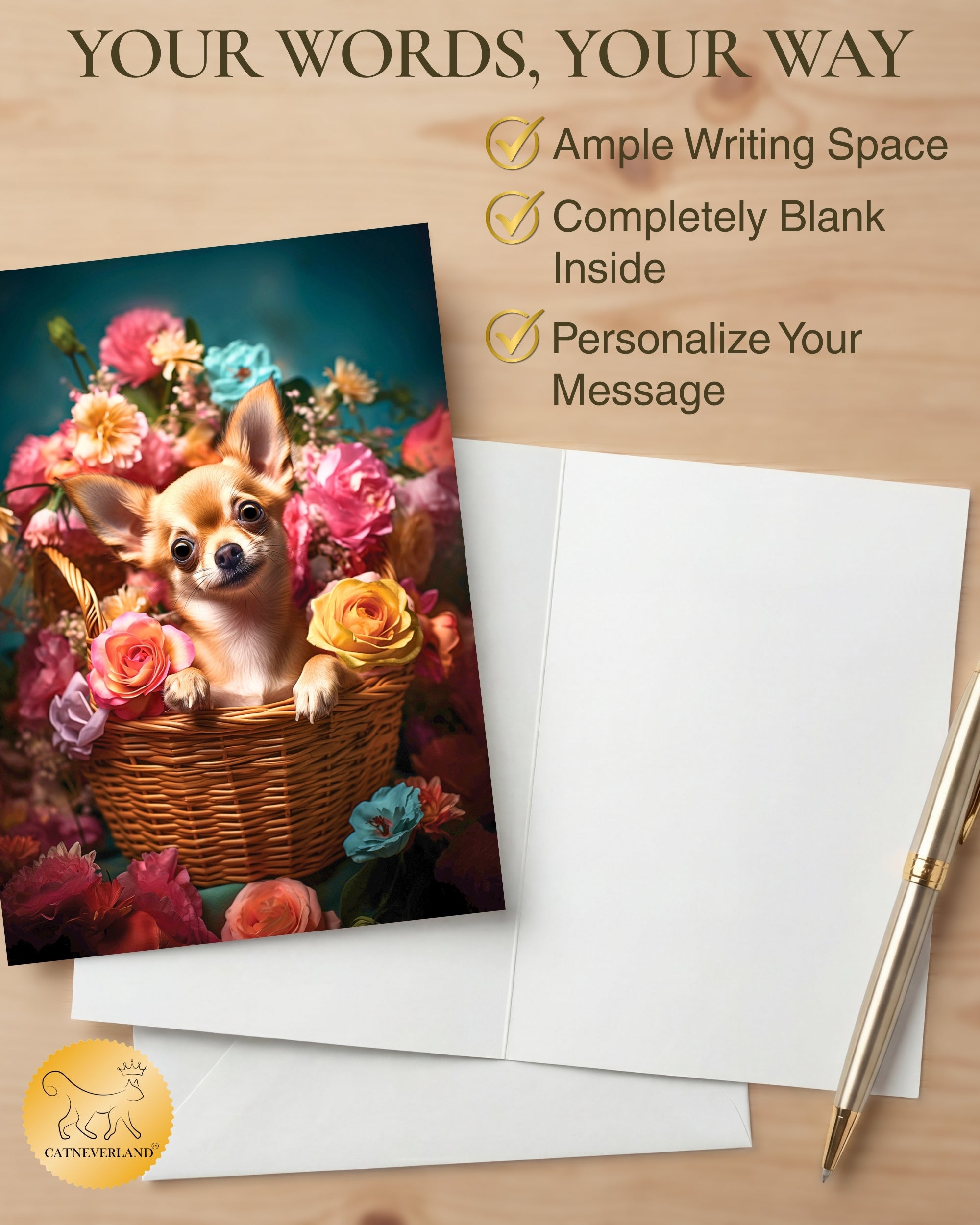 Chihuahua with Flowers All Occasions Greeting Card from Unique Dogs Party Delights Collection Large 5x7 Inch Blank Inside with Envelope