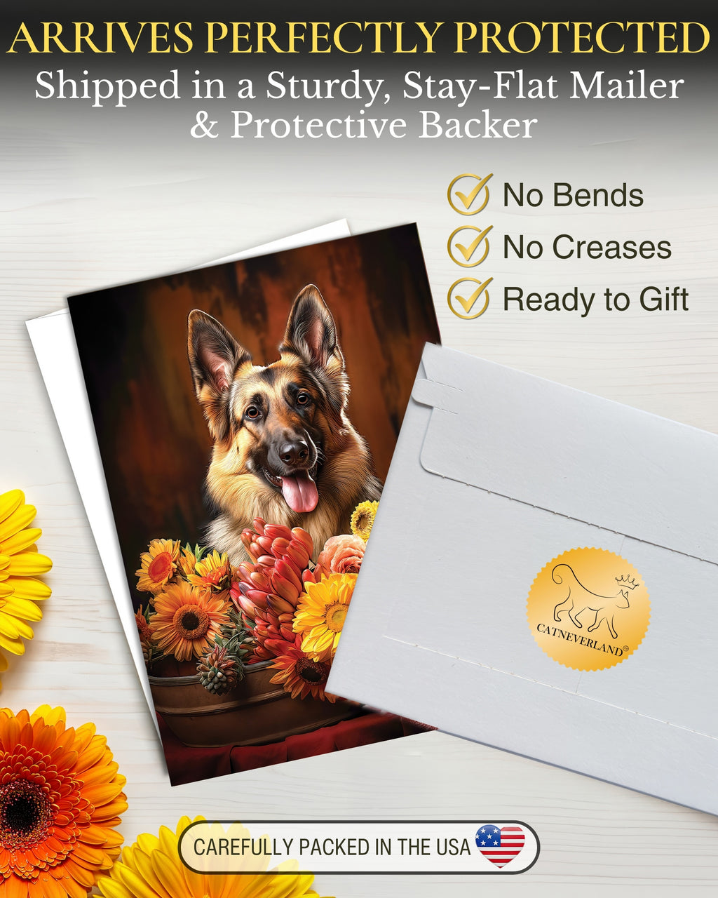 German Shepherd with Flowers All Occasions Greeting Card from Unique Dogs Party Delights Collection Large 5x7 Inch Blank Inside with White Envelope