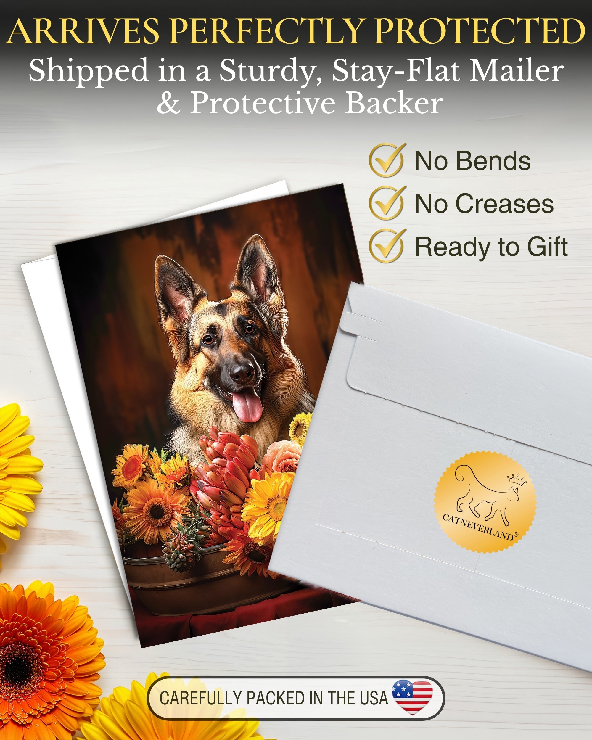 German Shepherd with Flowers All Occasions Greeting Card from Unique Dogs Party Delights Collection Large 5x7 Inch Blank Inside with White Envelope
