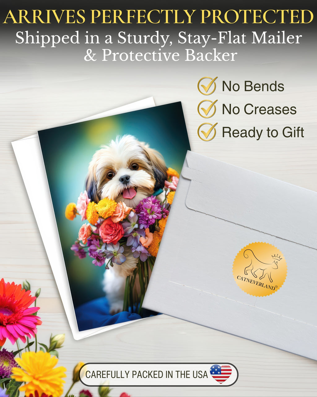 Shih Tzu with Flower All Occasions Greeting Card - 5x7 Inch, Collection Dogs with Flowers, Premium Cardstock, Blank Inside, White A7 Envelope, Eco-Friendly