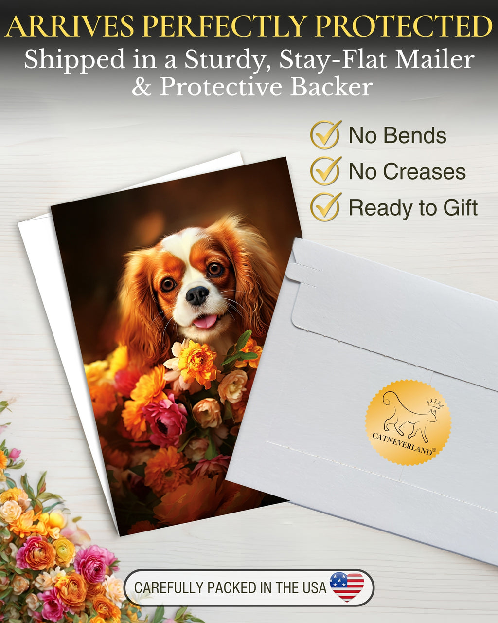 Cavalier King Charles Spaniel with Flowers All Occasions Greeting Card - Dog with Flowers from Unique Dogs Party Delights Collection - Large 5x7 Inch - Blank Inside with A7 Invitation Style White