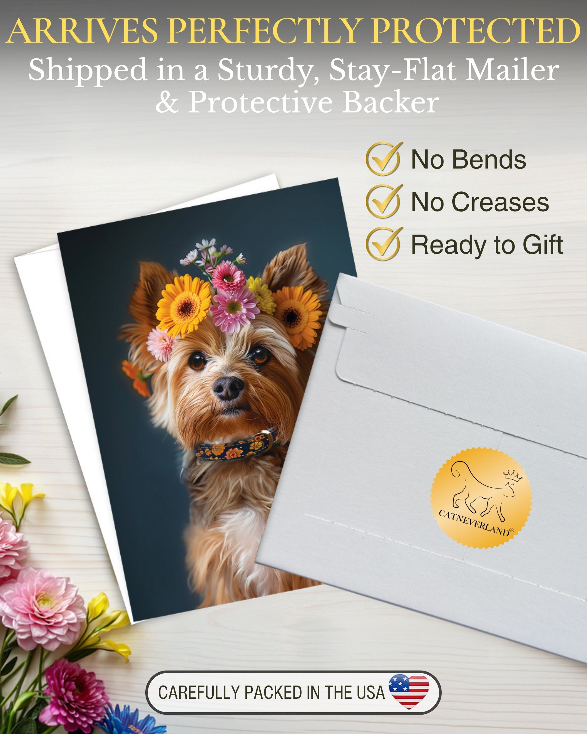 Yorkshire Terrier with Flower Crown All Occasions Greeting Card from Unique Dogs Party Delights Collection Large 5x7 Inch Blank Inside with Envelope
