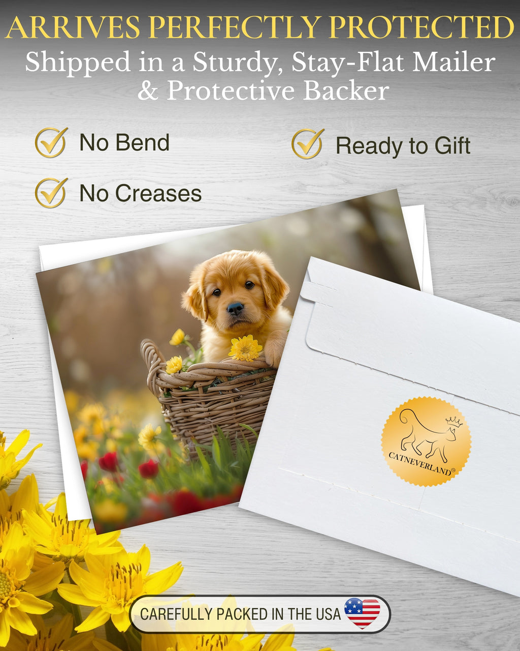 Golden Retriever Puppy All Occasions Greeting Card - Dog with Flowers from Unique Dogs Party Delights Collection - Large 5x7 Inch - Blank Inside with White Envelope