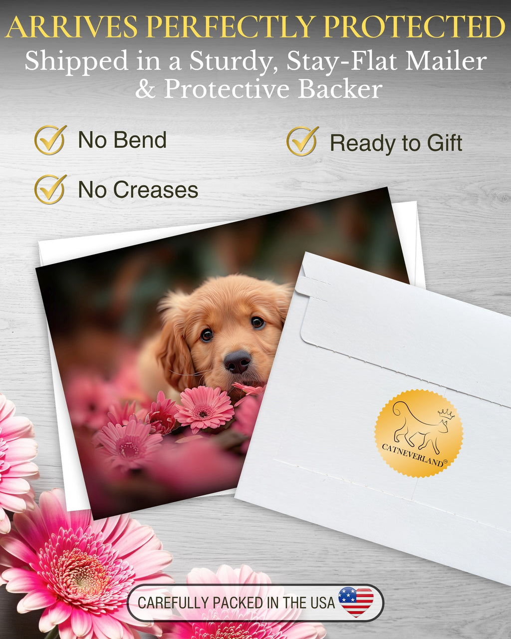 Golden Retriever Puppy with Pink Flowers All Occasions Greeting Card from Unique Dogs Party Delights Collection Large 5x7 Inch Blank Inside with Envelope