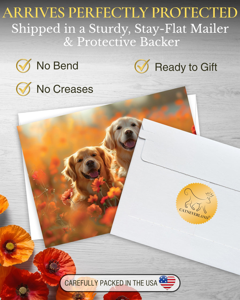 Golden Retrievers in Flower Garden All Occasions Greeting Card from Unique Dogs Party Delights Collection Large 5x7 Inch Blank Inside with Envelope