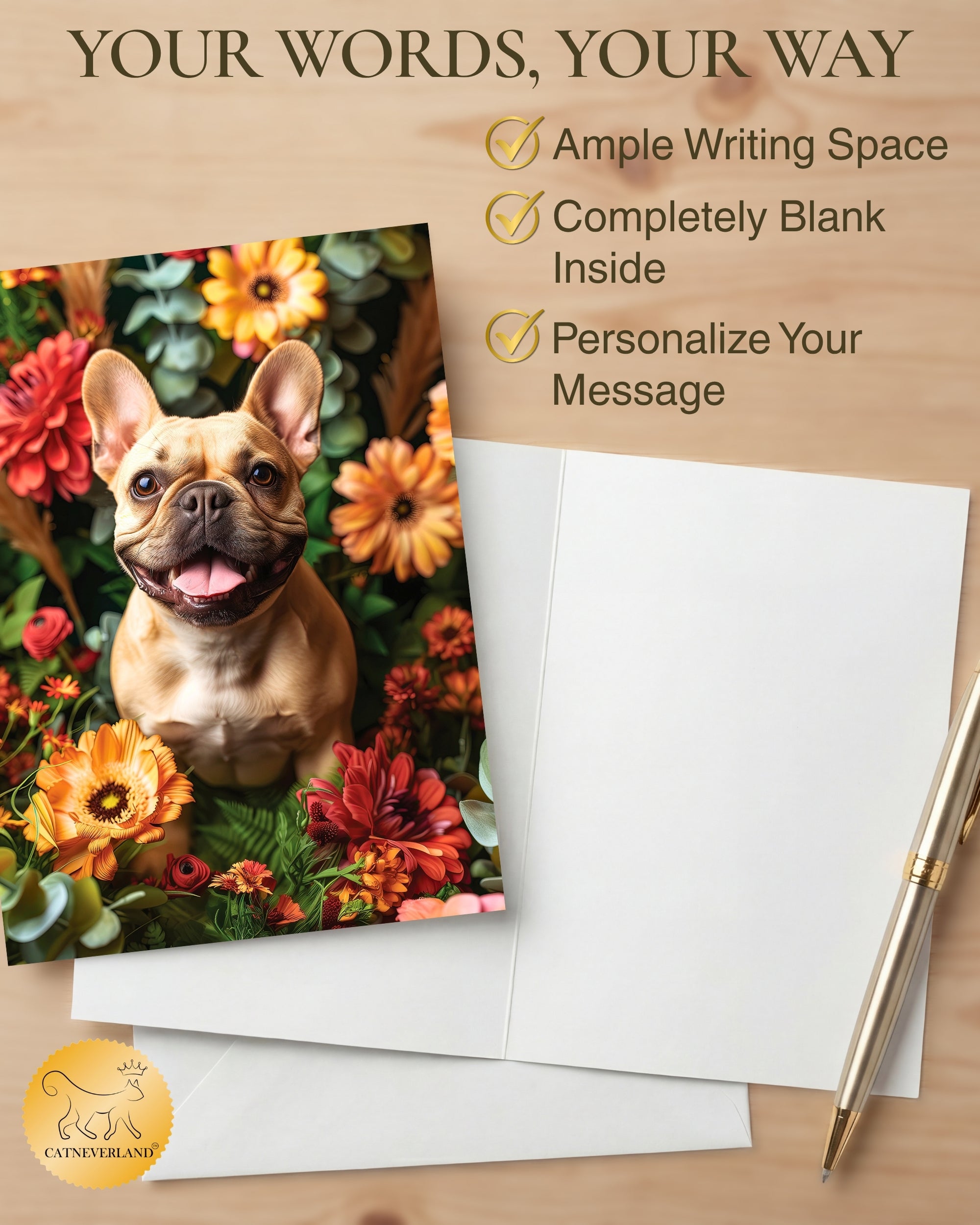 French Bulldog with Flowers All Occasions Greeting Card - Dog with Flowers from Unique Dogs Party Delights Collection - Large 5x7 Inch - Blank Inside with White Envelope