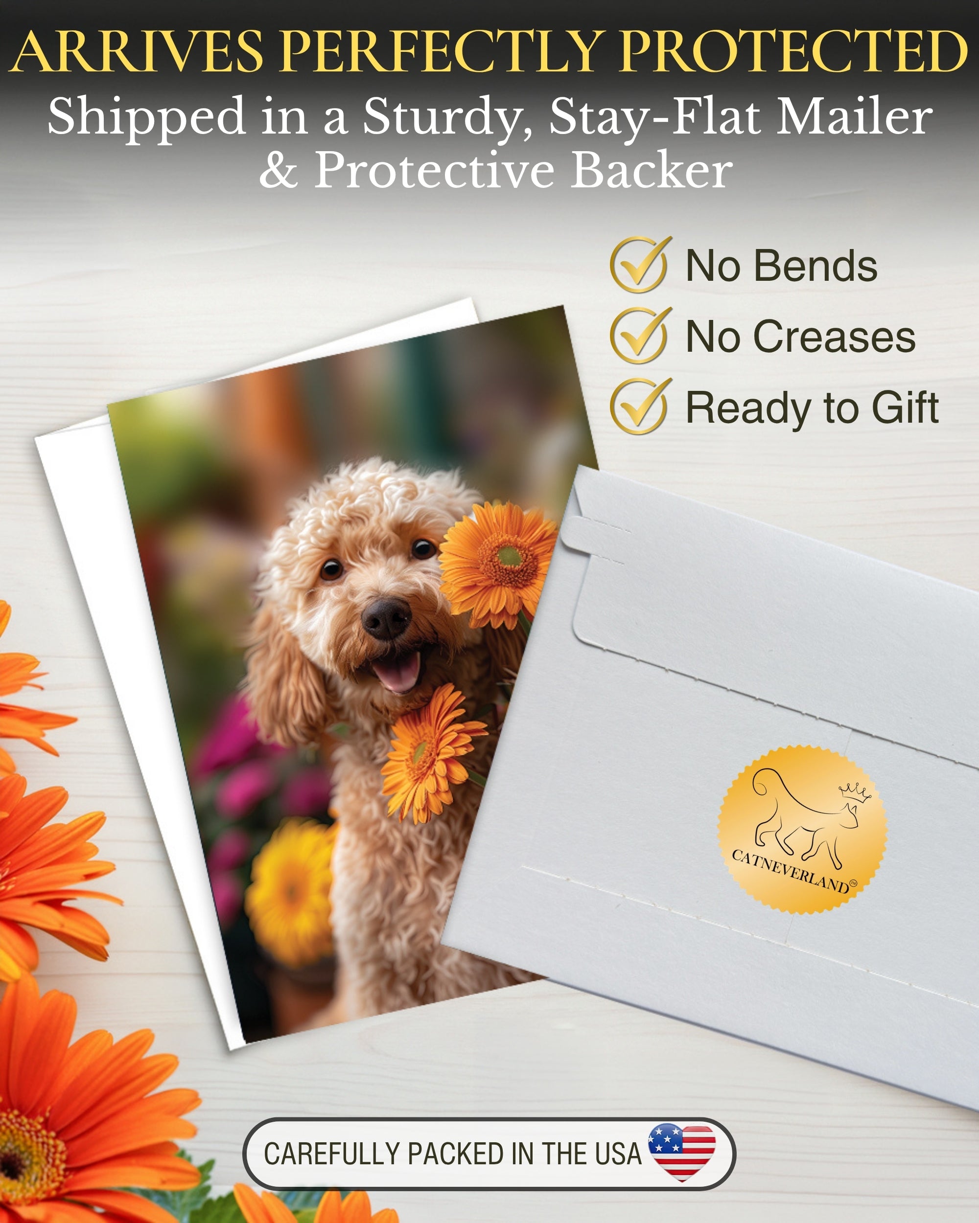 Goldendoodle with Orange Flowers All Occasions Greeting Card from Unique Dogs Party Delights Collection Large 5x7 Inch Blank Inside with Envelope
