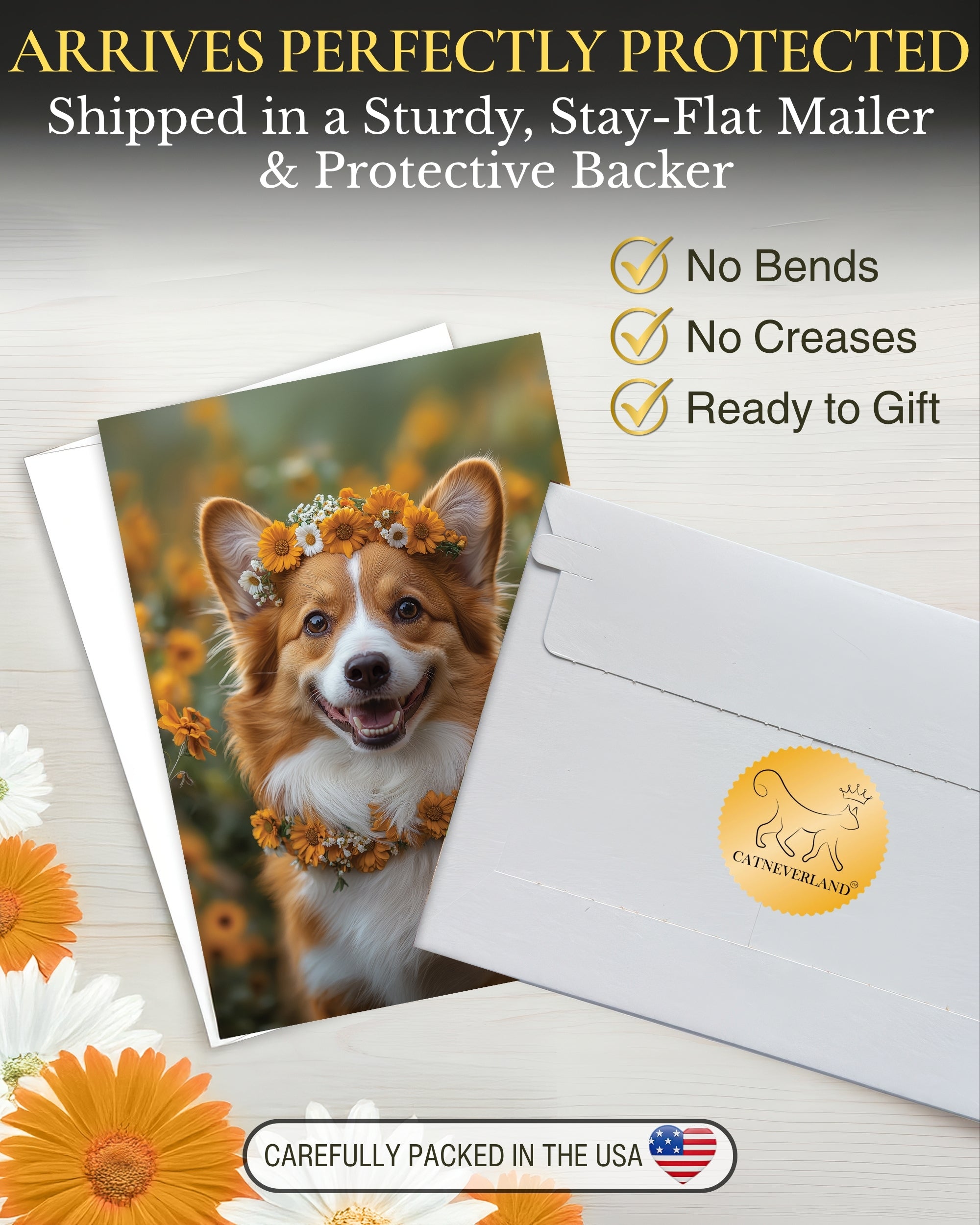 Charming Corgi with Flowers Greeting Card - Blank Inside for Personalized Messages, Premium Cardstock, Invitation Style White Envelope, Unique Artwork, Made by Small Business in USA