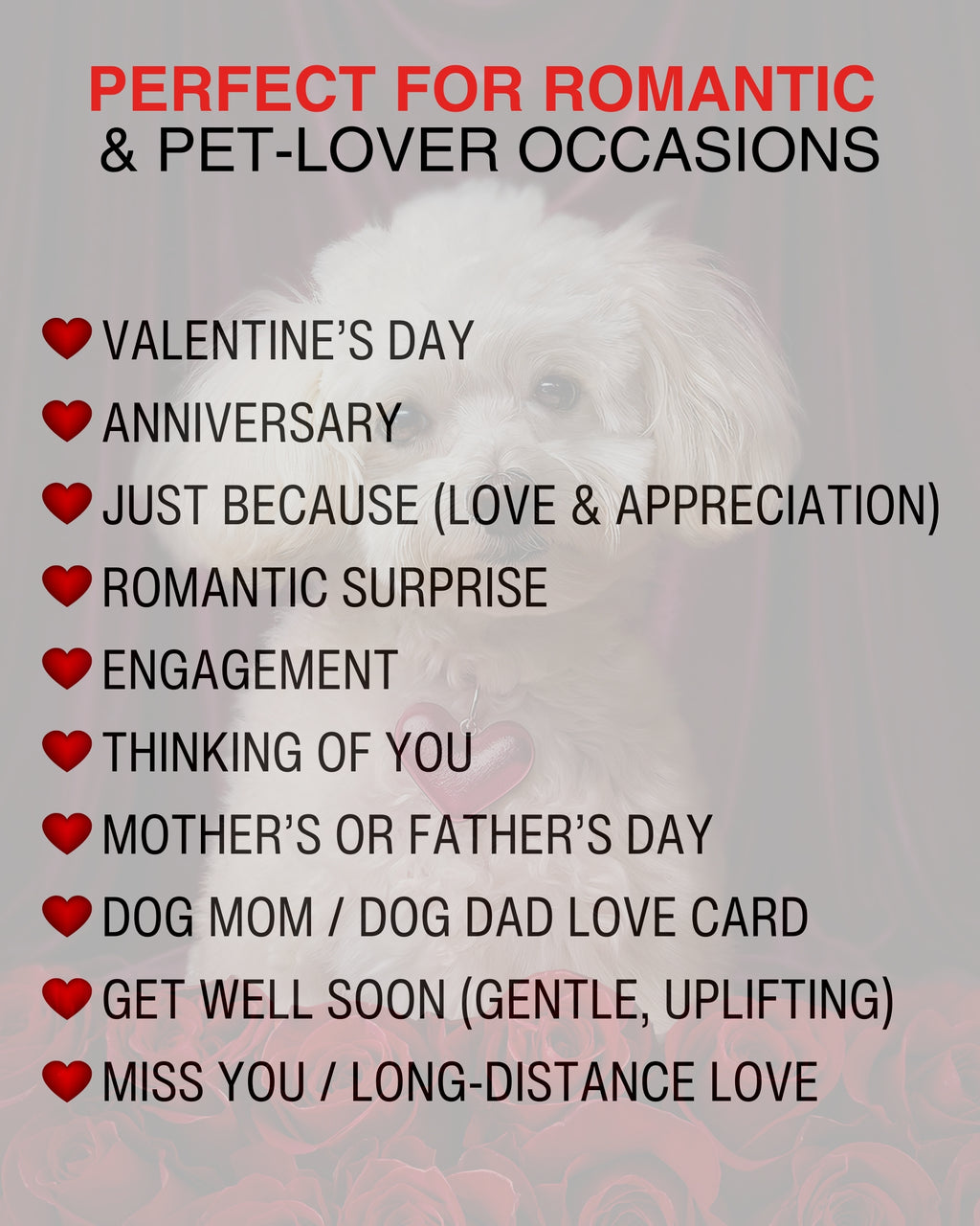 White Poodle with Roses Greeting Card for Anniversary, Birthday, Sweet Sixteen, Mother's Day & Valentines Day – Elegant Dog Lover Card, Blank Inside, Premium 5x7 Card with Red Envelope, Made in USA, Celebrate Collection