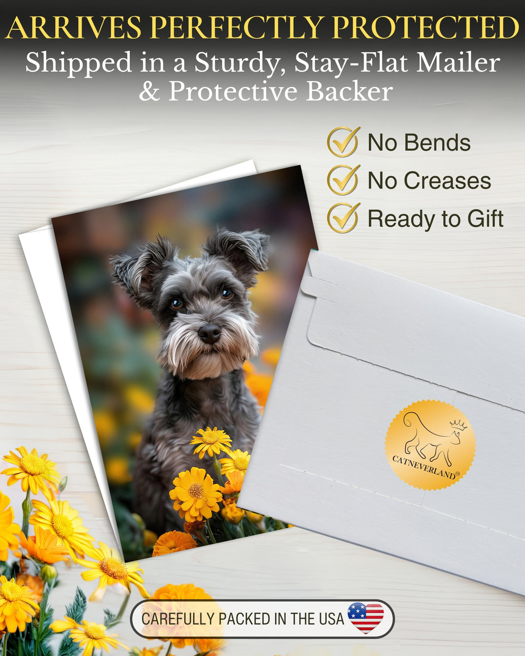 Schnauzer with Yellow Flowers All Occasions Greeting Card from Unique Dogs Party Delights Collection Large 5x7 Inch Blank Inside with Envelope