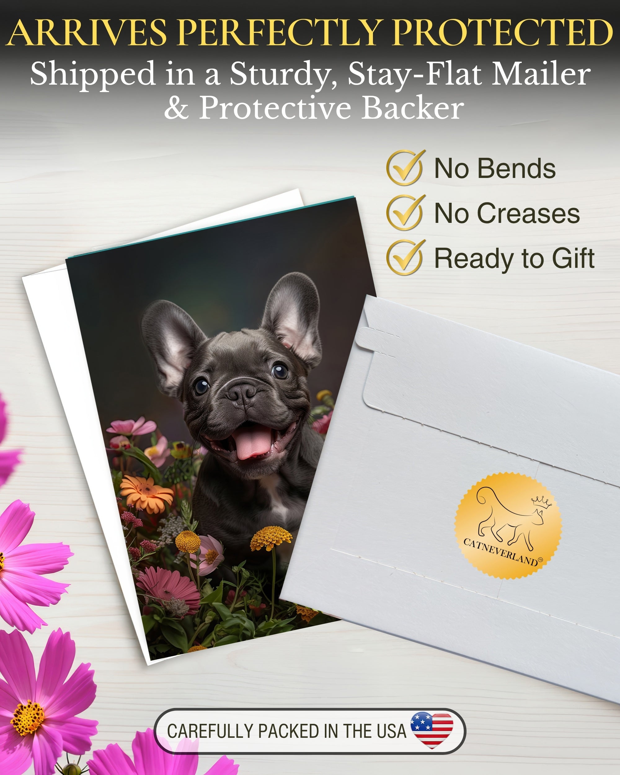 French Bulldog Puppy with Flowers All Occasions Greeting Card - Dog with Flowers from Unique Dogs Party Delights Collection - Large 5x7 Inch - Blank Inside with Invitation Style White Envelope