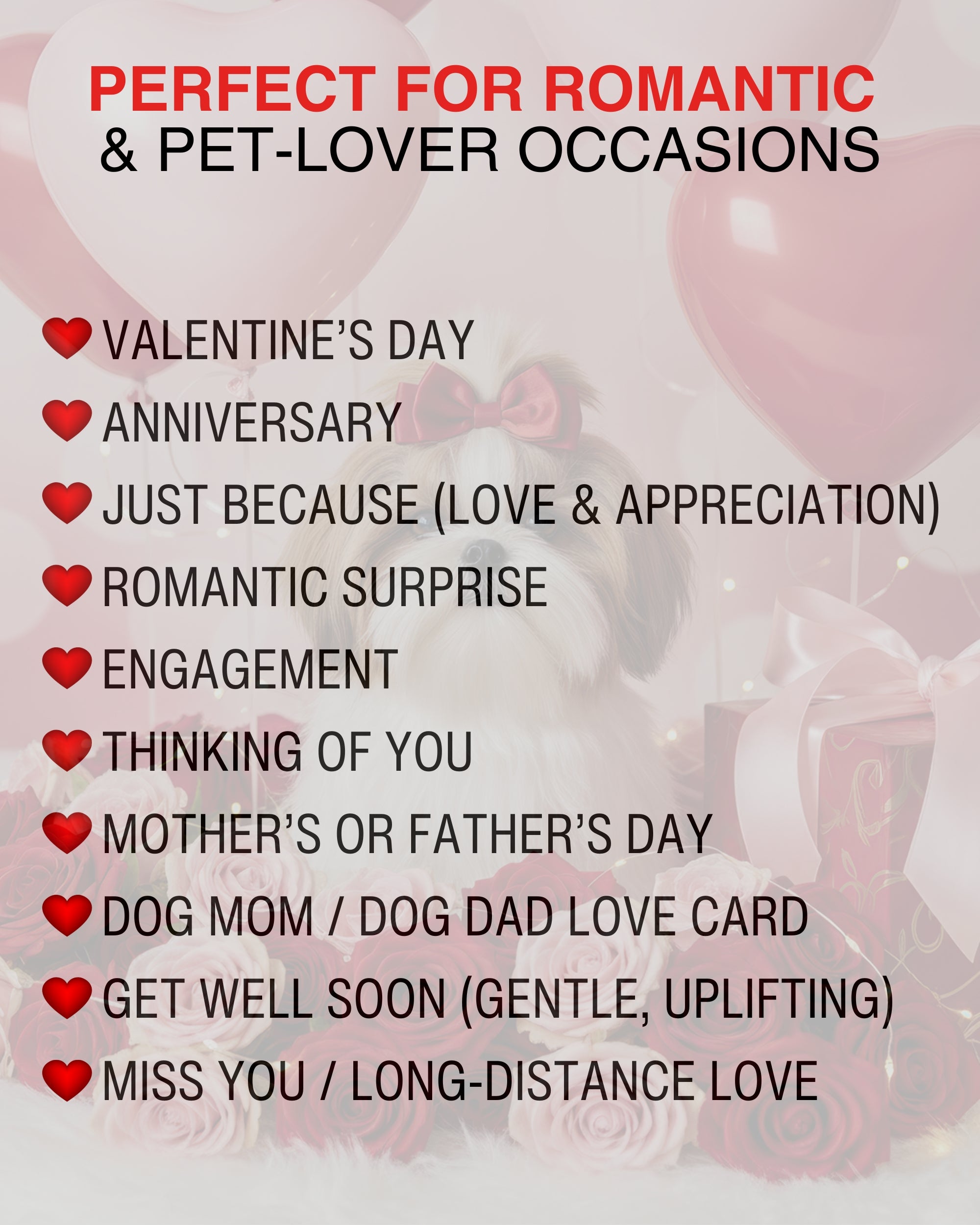 Shih Tzu Greeting Card with Roses – Romantic Dog Love Card for Anniversary Valentine's Day Birthday Sweet Sixteen – Premium 5x7 Blank Card for Pet Lovers, Celebrate Collection, Made in USA