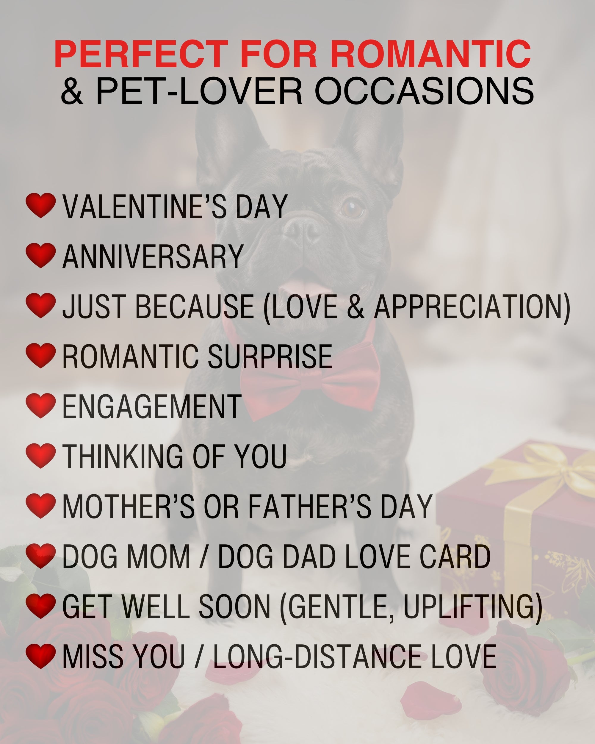 Black French Bulldog Valentine’s Day Card – Romantic Dog Love Greeting Card with Roses, Anniversary, Birthday, Sweet Sixteen Card, Blank Inside, Premium 5x7, Celebrate Collection, Made in USA