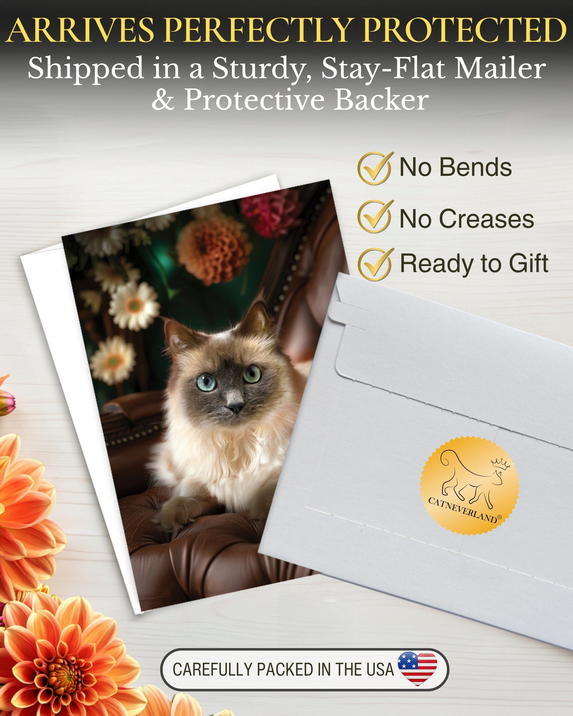 Monya The Cat Any Occasion Greeting Card - 5x7 Inch from Cats with Flowers Collection, Premium Cardstock, Blank Inside, White Envelope, Great Gift for Cat Lovers