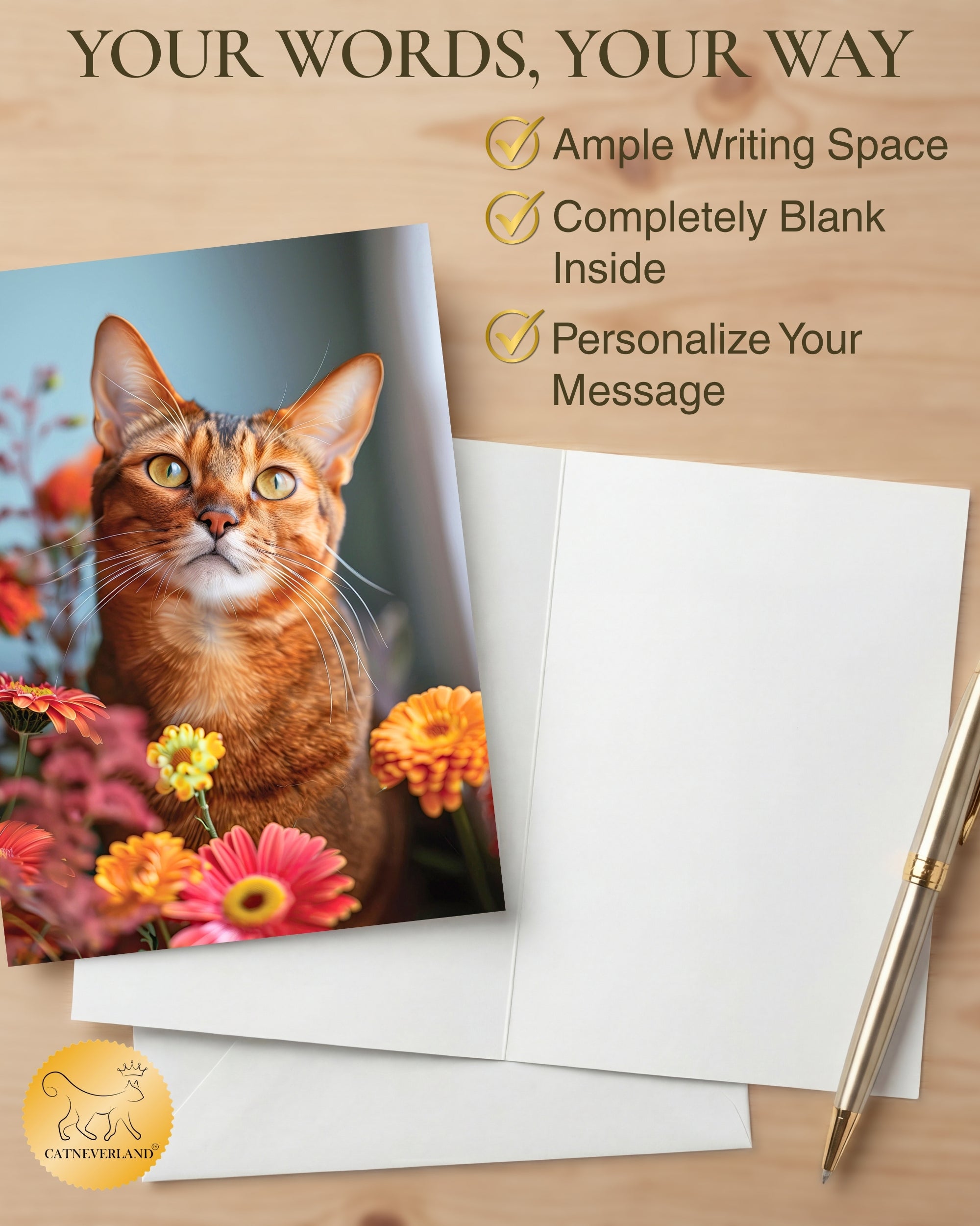 Abyssinian Cat Greeting Card 5x7 Inch, Any Occasion from Cats with Flowers Collection Premium Cardstock Blank Inside White Envelope Included Great Gift for Cat Lovers