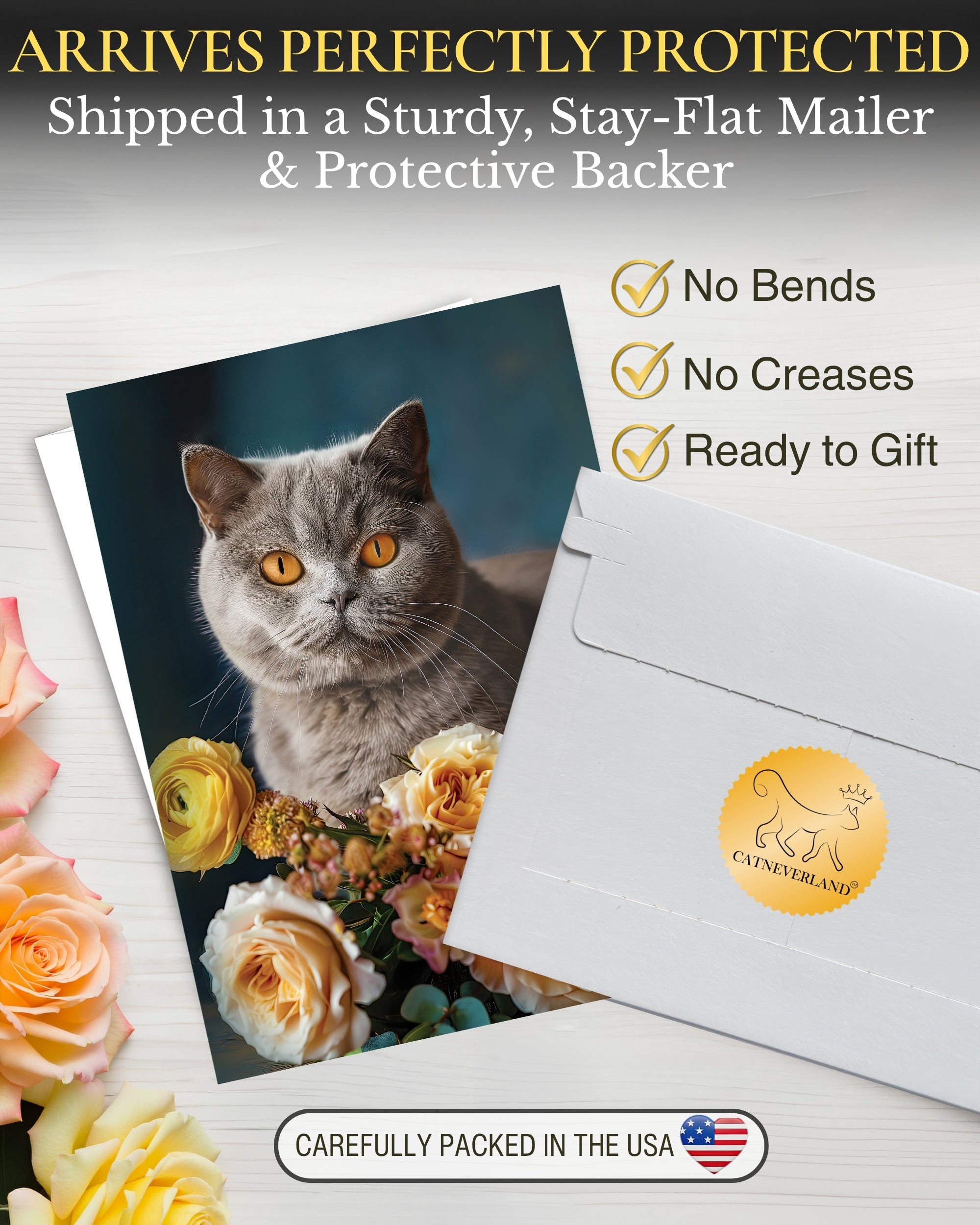British Shorthair Cat Greeting Card 5x7 Inch Any Occasion Cats with Flowers Collection Premium Cardstock Blank Inside White Envelope Included Great Gift for Cat Lovers