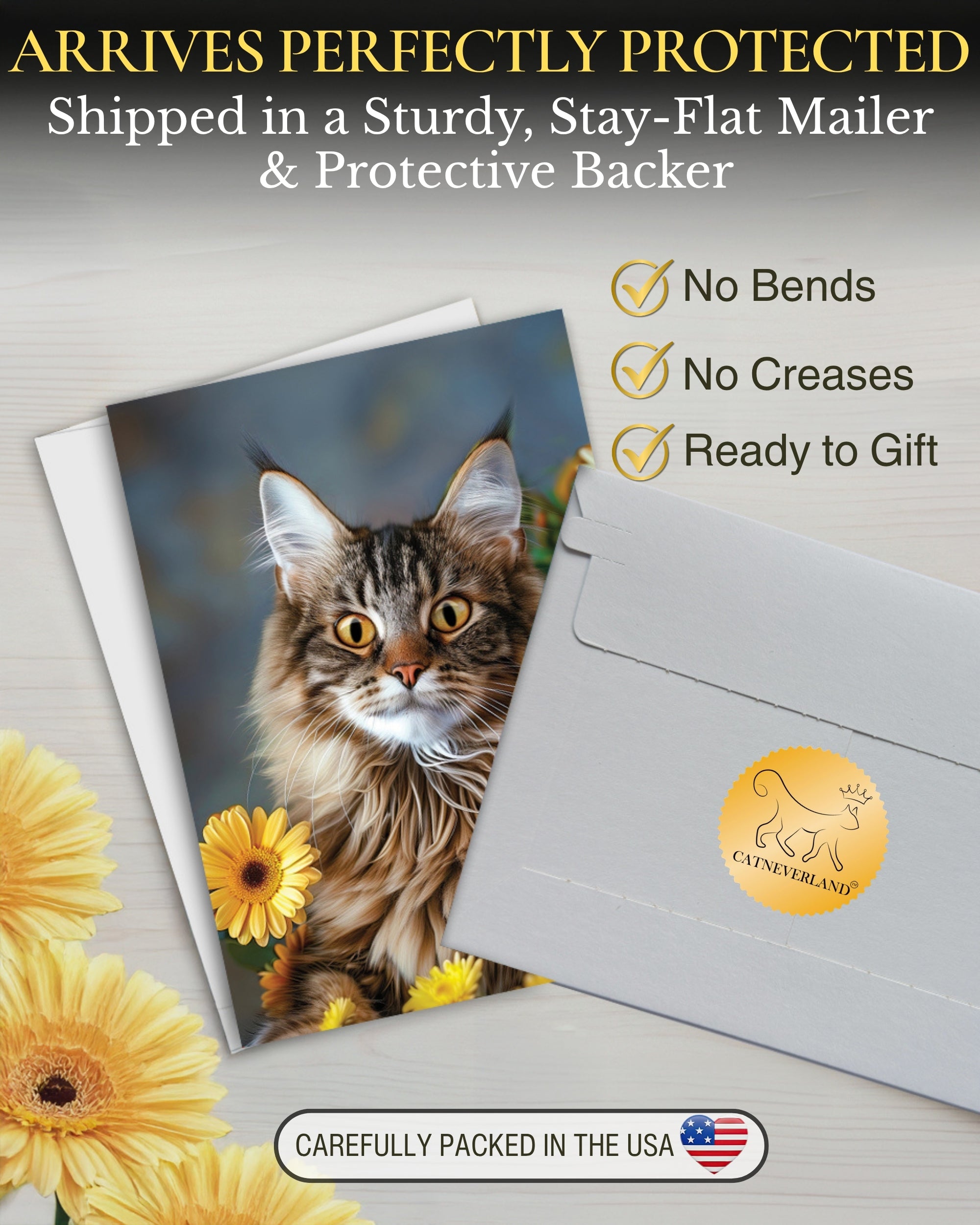 Maine Coon Cat Greeting Card 5x7 Inch Any Occasion from Cats with Flowers Collection Premium Cardstock Blank Inside White Envelope Great Gift for Cat Lovers