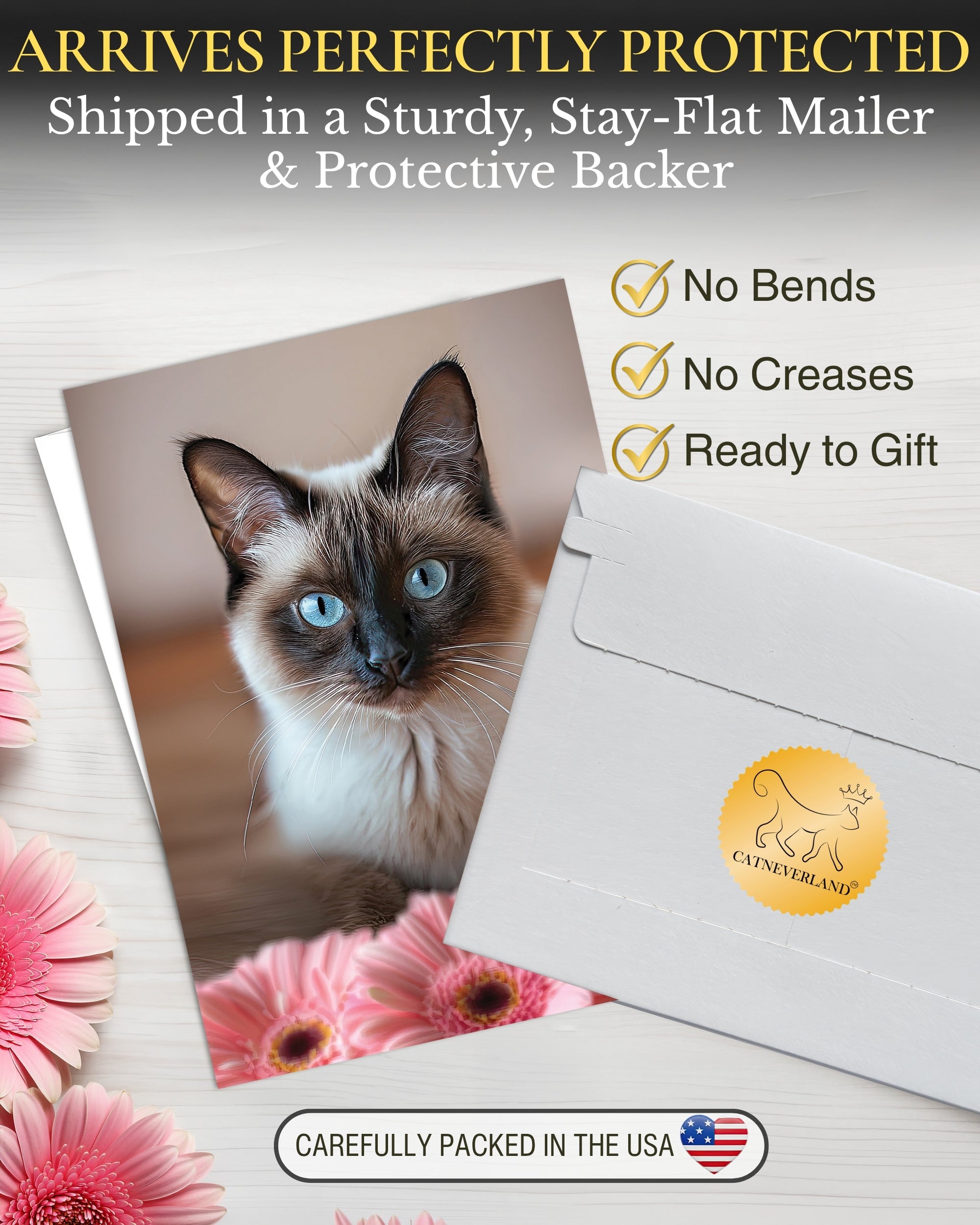 Siamese Cat Greeting Card 5x7 Inch Any Occasion from Cats with Flowers Collection Premium Cardstock Blank Inside White Envelope Great Gift for Cat Lovers